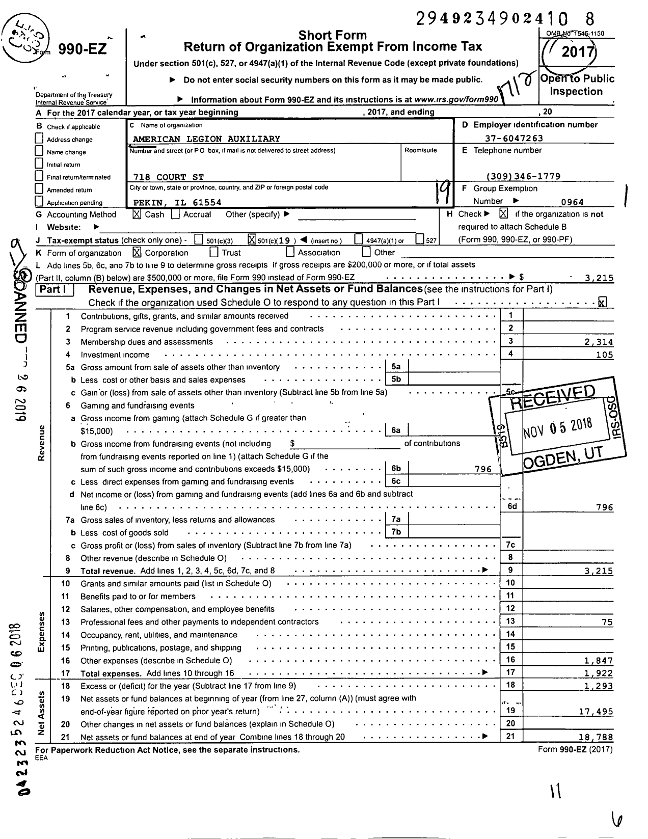 Image of first page of 2017 Form 990EO for American Legion Auxiliary - 44 William Schaefer