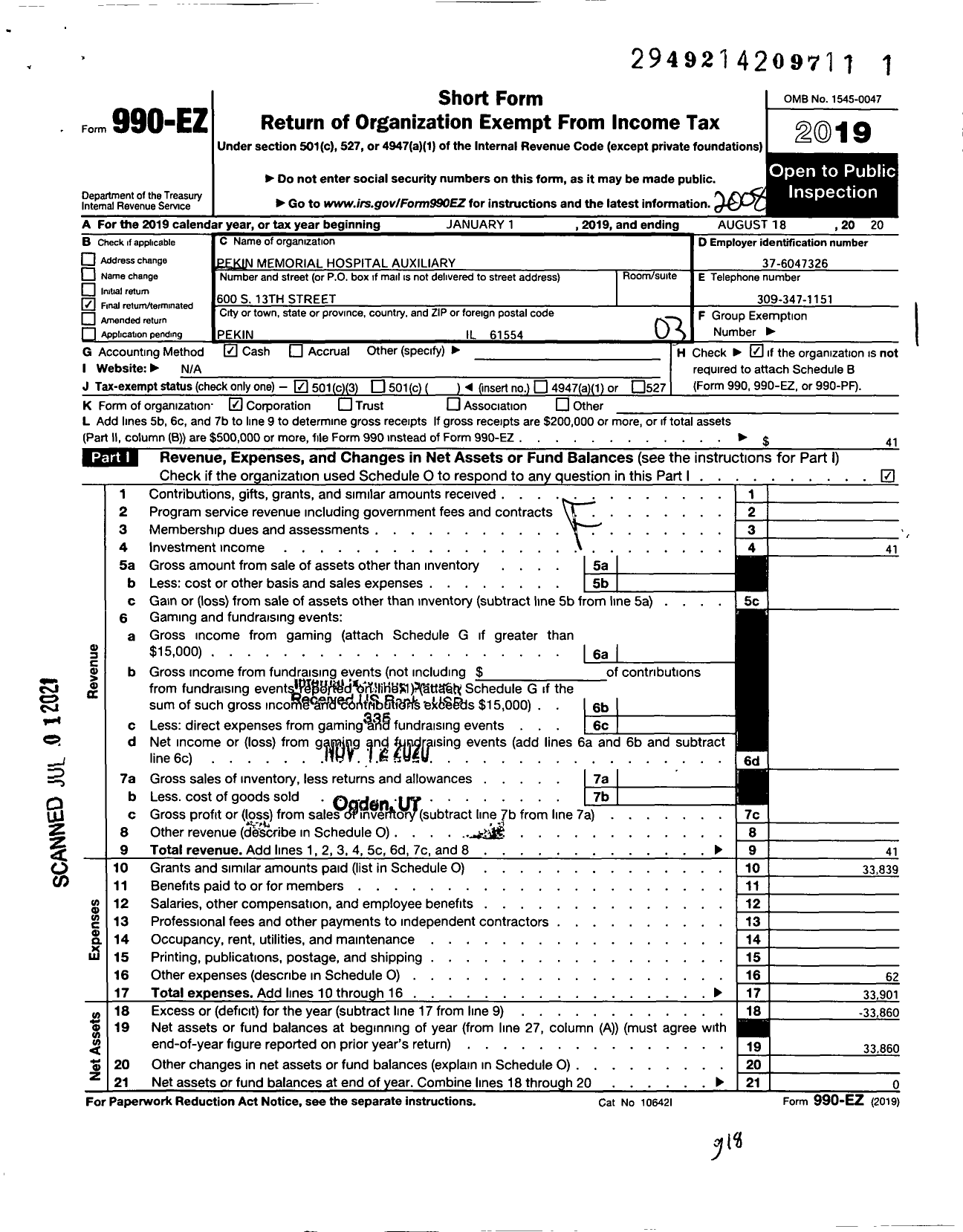 Image of first page of 2019 Form 990EZ for PEKIN MEMORIAL HOSPitAL Auxiliary