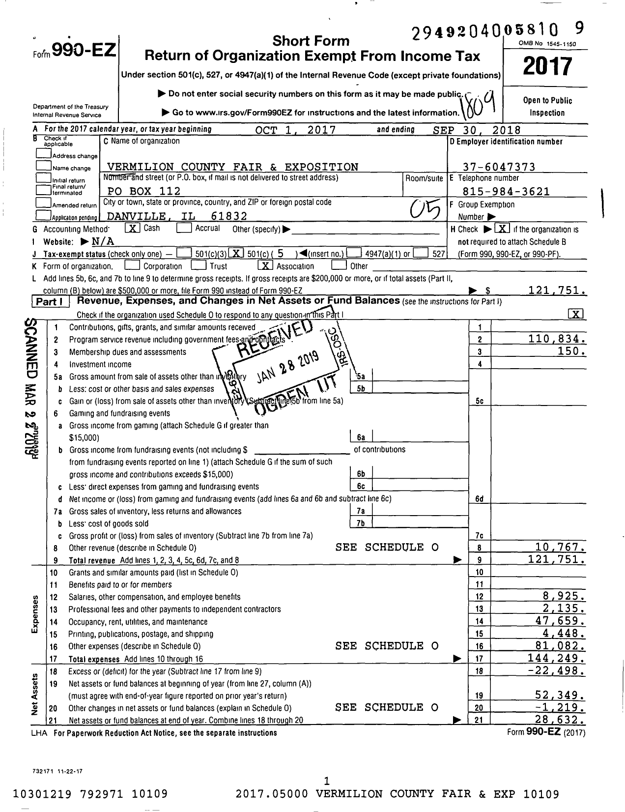 Image of first page of 2017 Form 990EO for Vermilion County Fair and Exposition