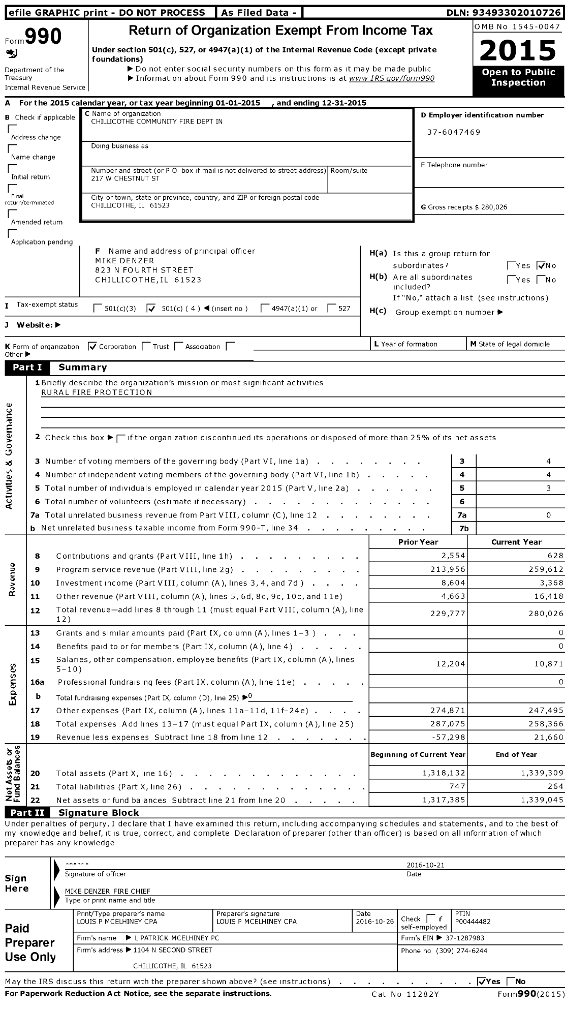 Image of first page of 2015 Form 990O for Chillicothe Community Fire Dept