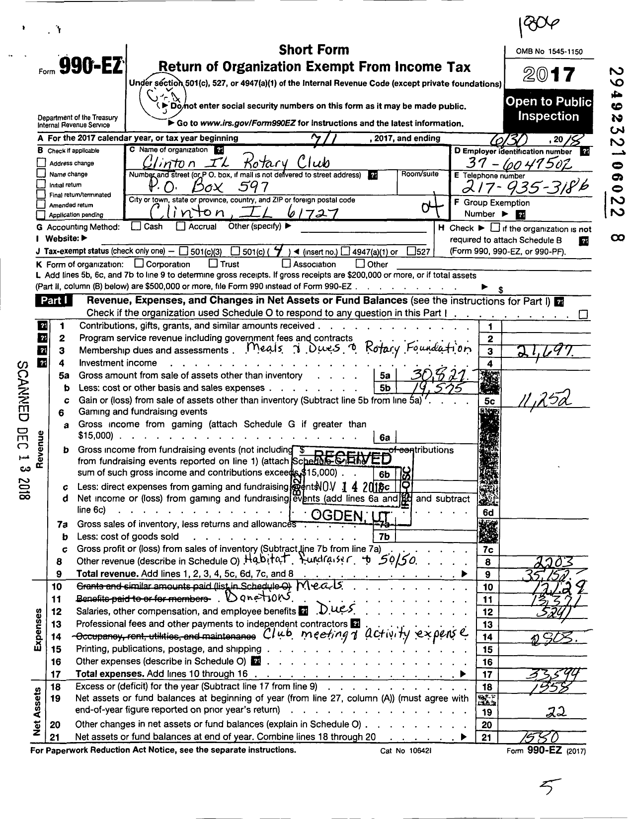 Image of first page of 2017 Form 990EO for Rotary International - Rotary Club of Clinton