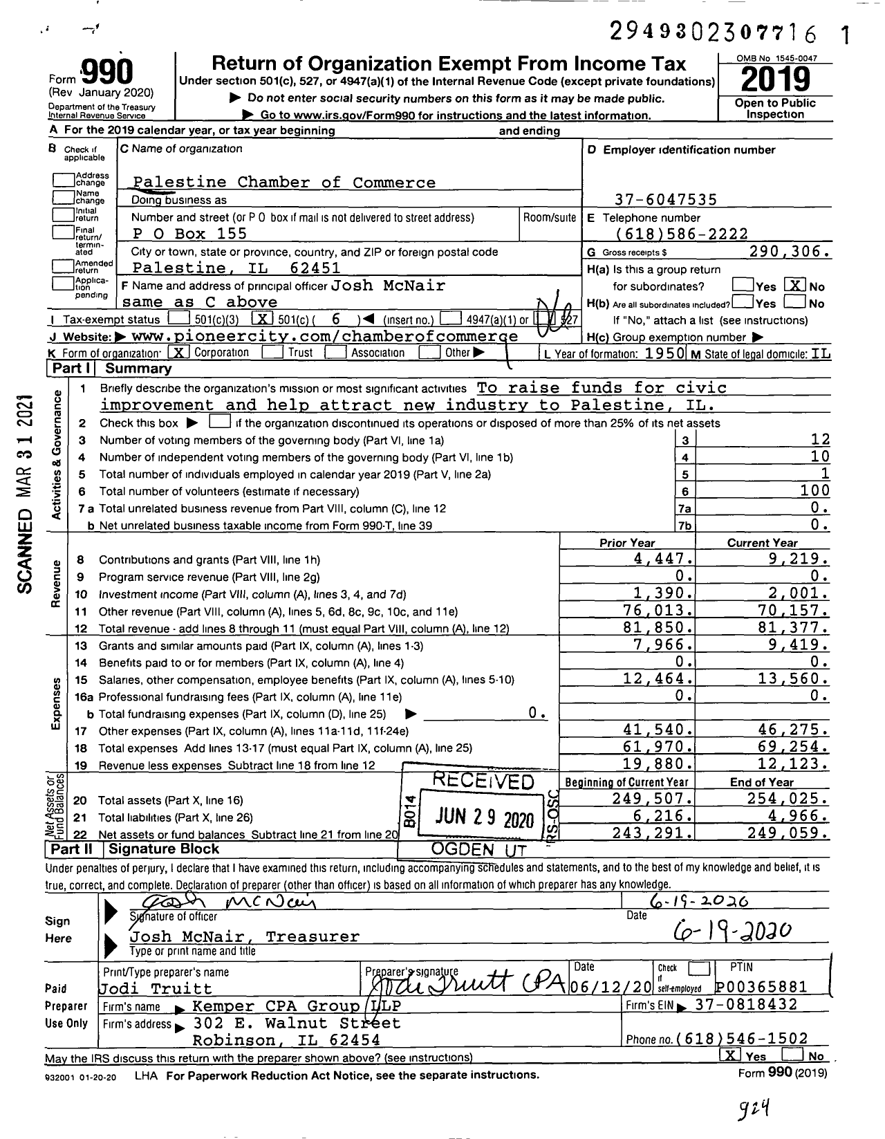 Image of first page of 2019 Form 990O for Palestine Chamber of Commerce