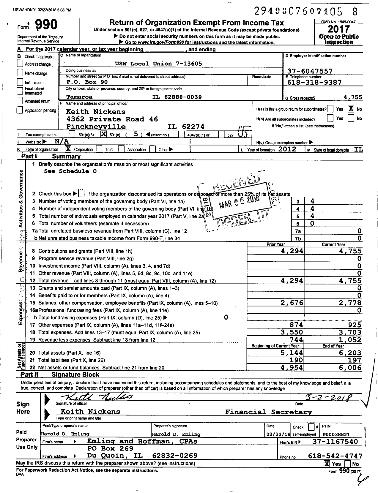 Image of first page of 2017 Form 990O for USW Local Union 7-13605