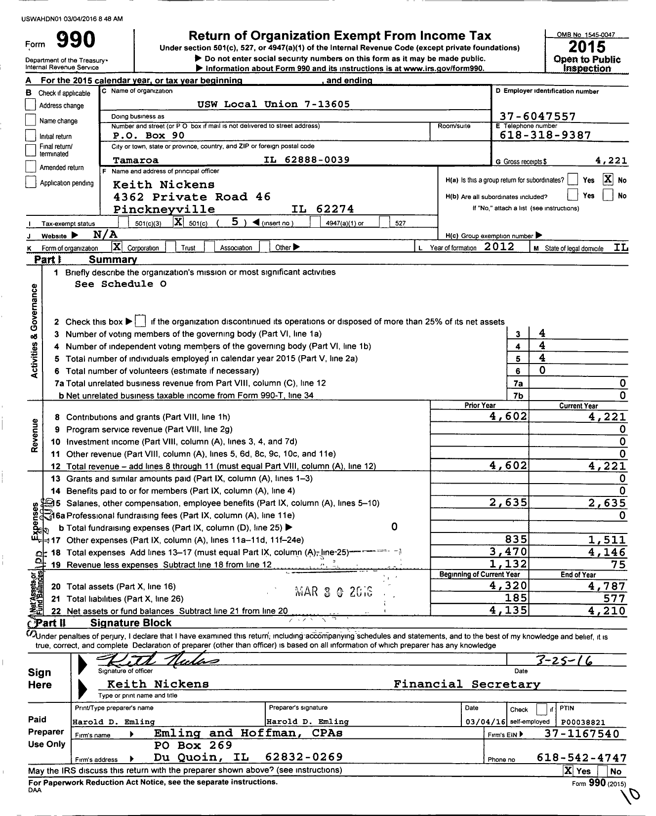 Image of first page of 2015 Form 990O for USW Local Union 7-13605