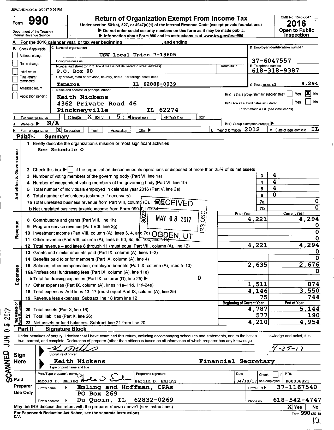 Image of first page of 2016 Form 990O for USW Local Union 7-13605