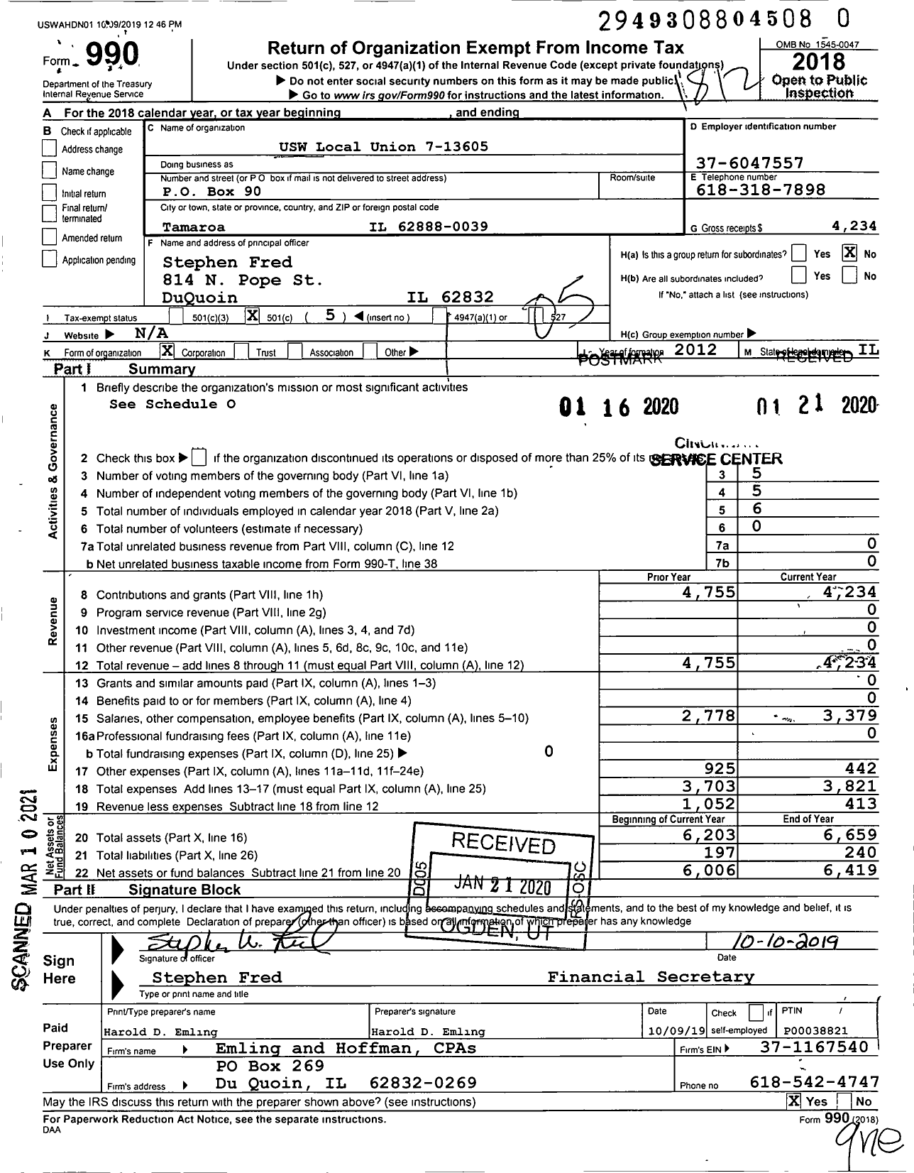 Image of first page of 2018 Form 990O for USW Local Union 7-13605