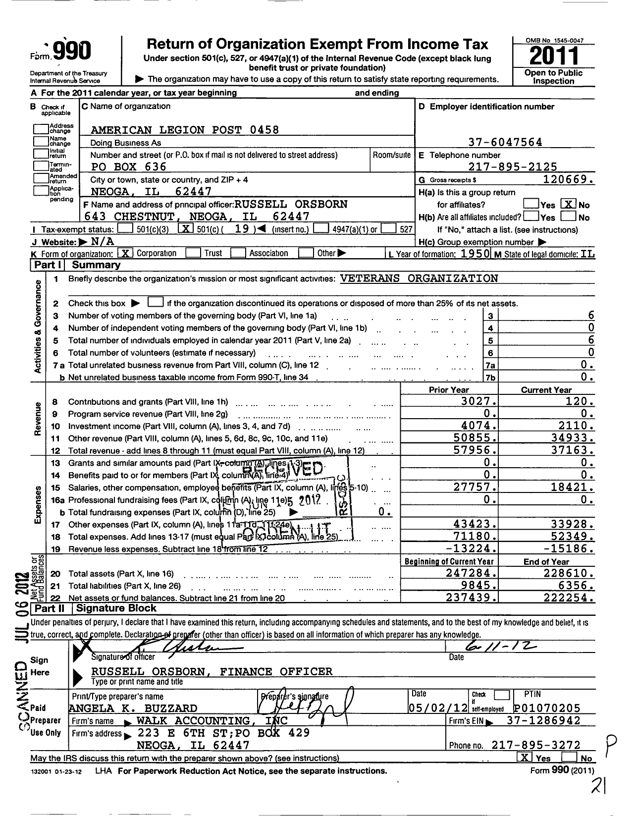 Image of first page of 2011 Form 990O for Disabled American Veterans - 458 American Legion POST