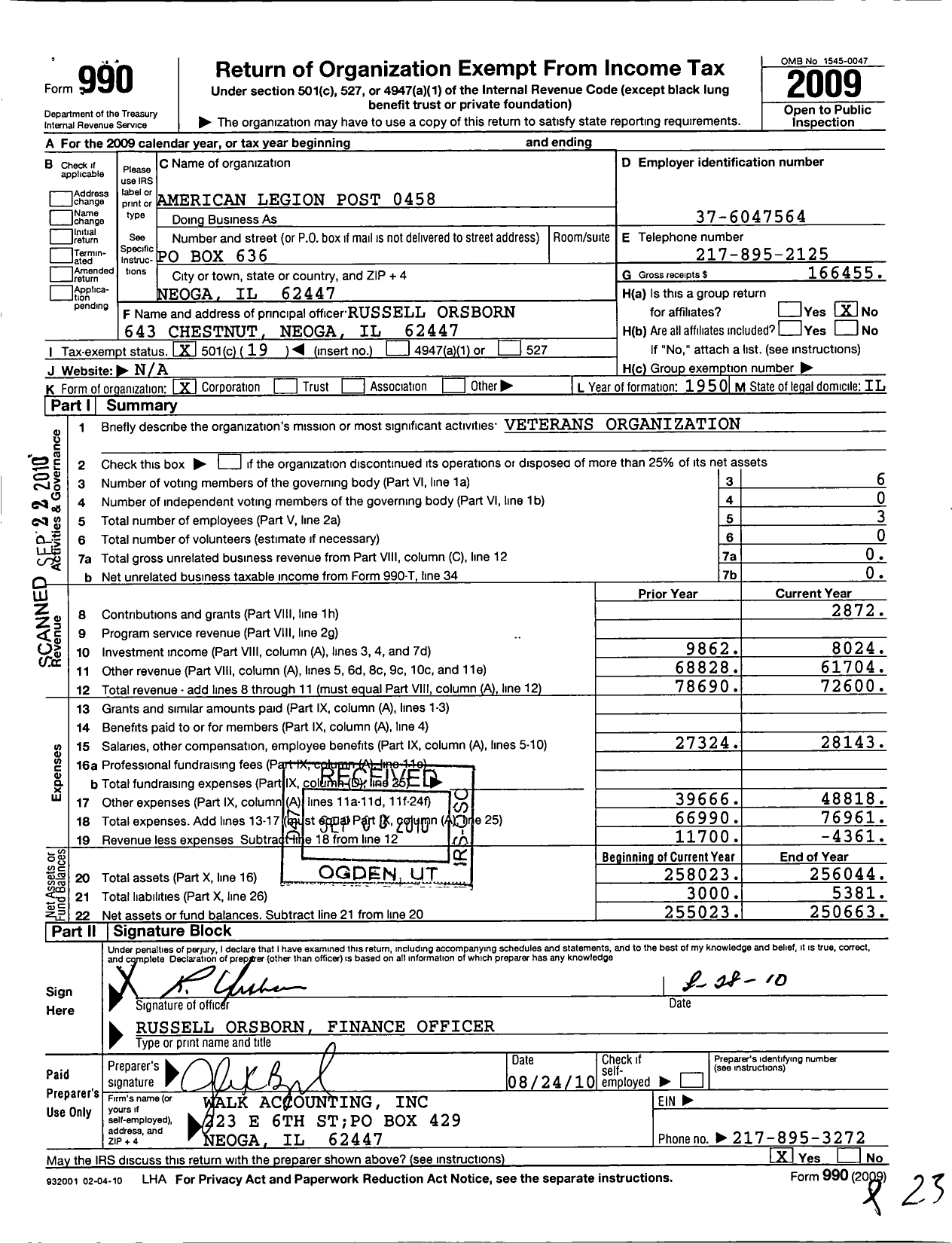Image of first page of 2009 Form 990O for Disabled American Veterans - 458 American Legion POST