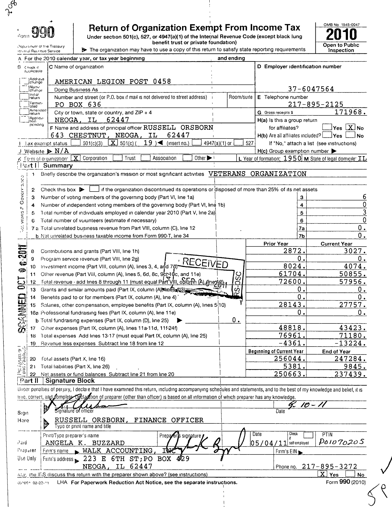 Image of first page of 2010 Form 990O for Disabled American Veterans - 458 American Legion POST