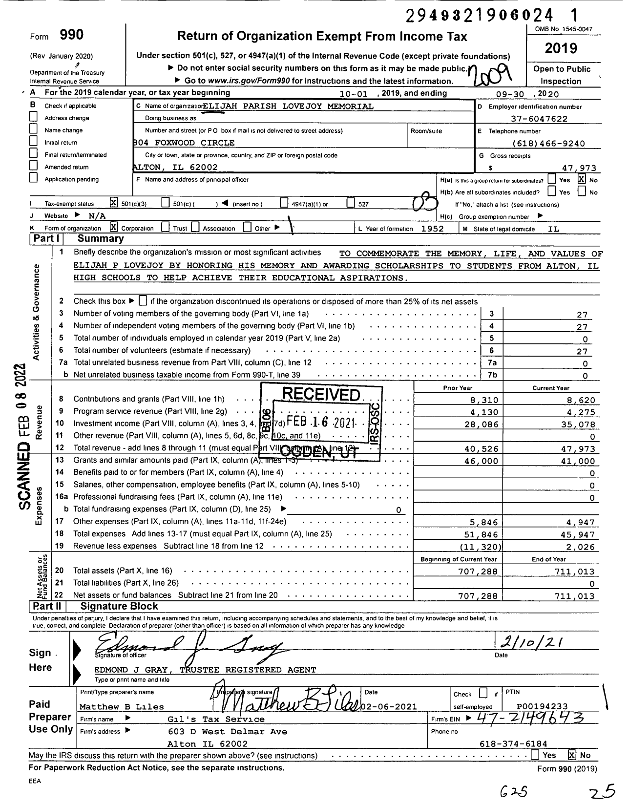 Image of first page of 2019 Form 990 for Elijah Parish Lovejoy Memorial