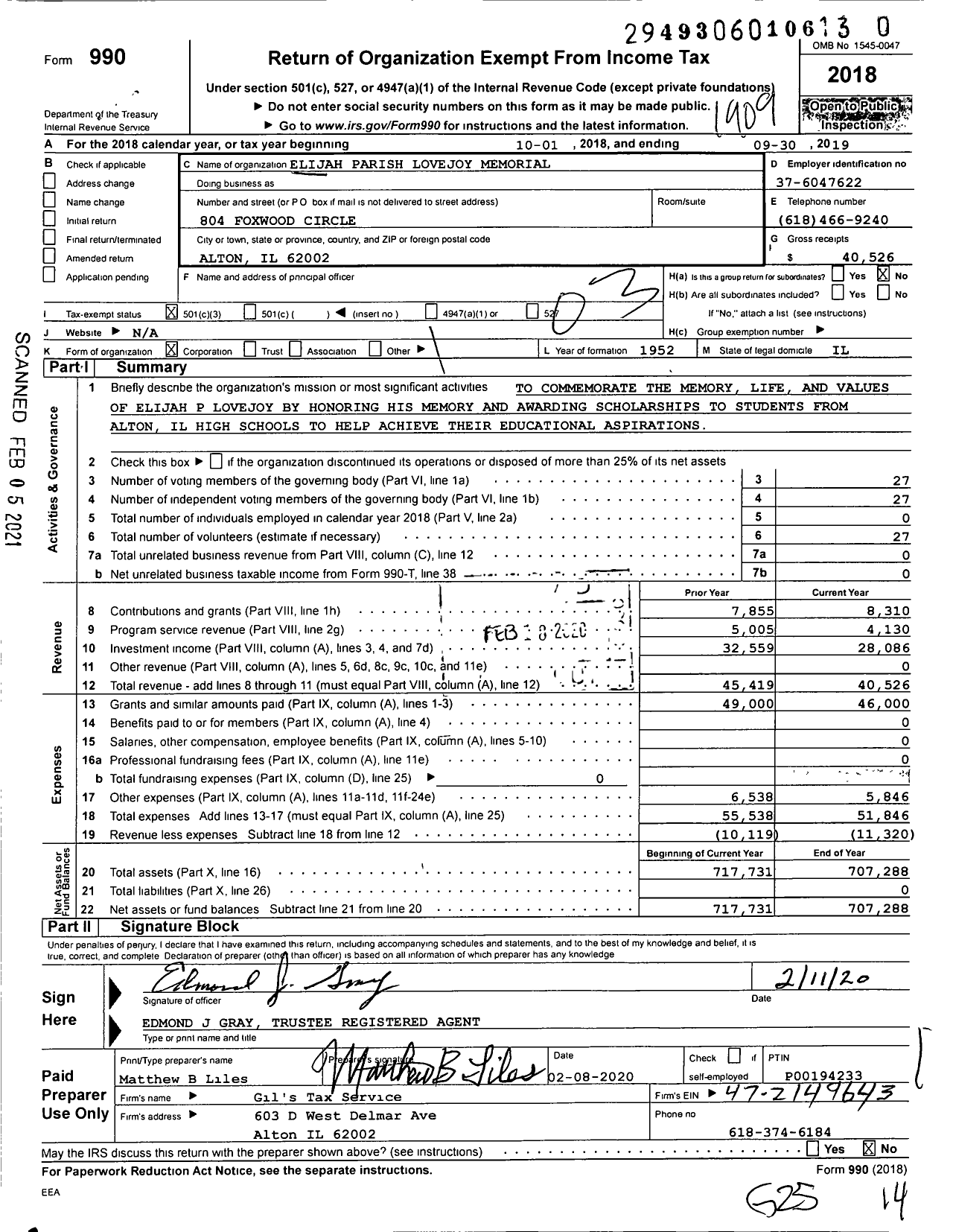 Image of first page of 2018 Form 990 for Elijah Parish Lovejoy Memorial