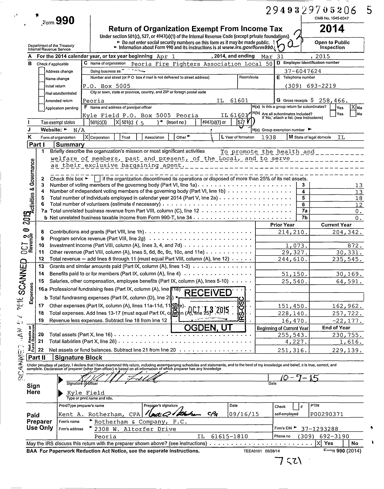 Image of first page of 2014 Form 990O for International Association Of Fire Fighters - Peoria Fire Fighters Association Local 50