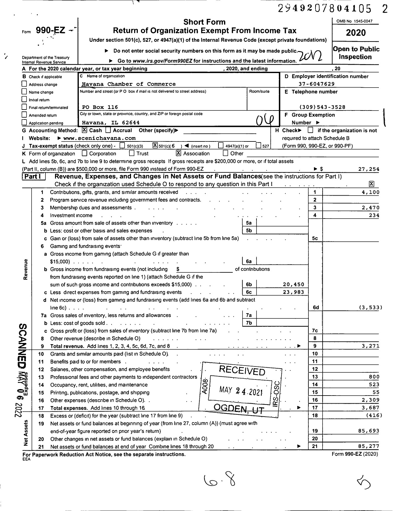 Image of first page of 2020 Form 990EO for Havana Chamber of Commerce