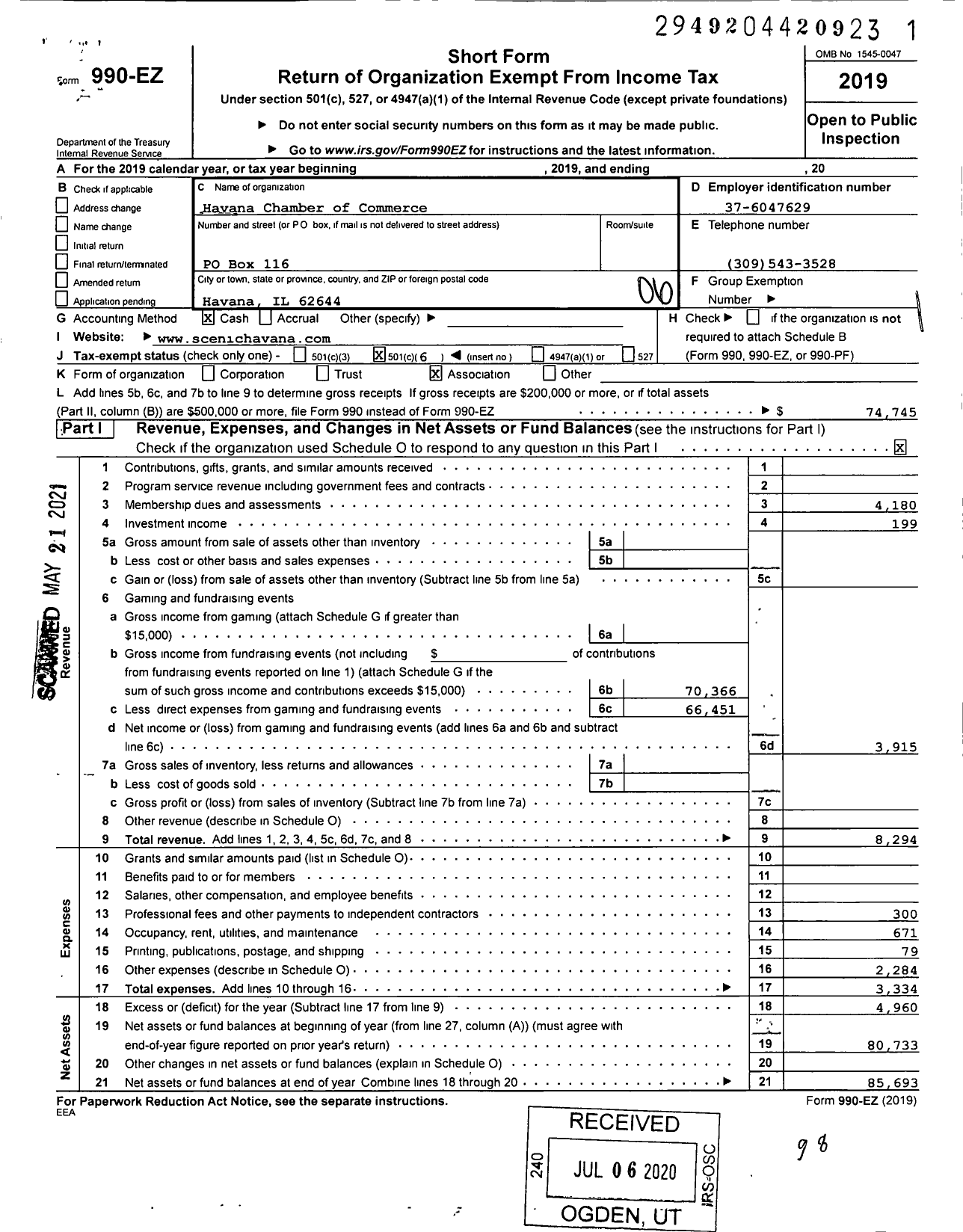 Image of first page of 2019 Form 990EO for Havana Chamber of Commerce