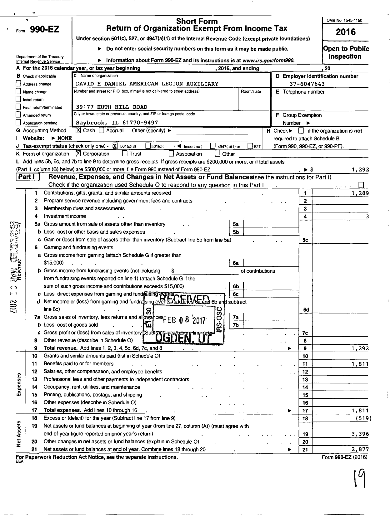 Image of first page of 2016 Form 990EZ for American Legion Auxiliary - 427 David Humphrey