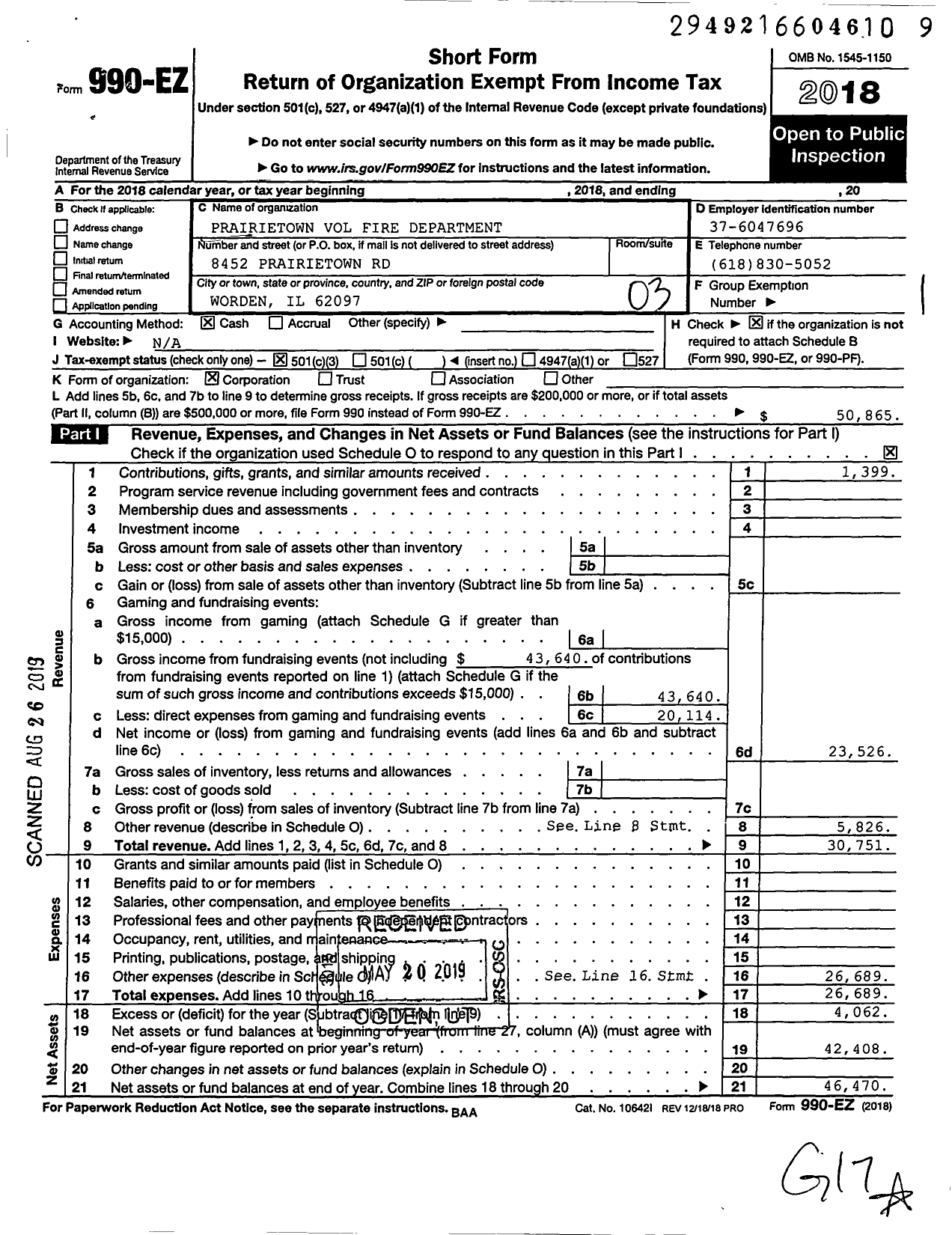Image of first page of 2018 Form 990EZ for Prairietown Volunteer Fire Department