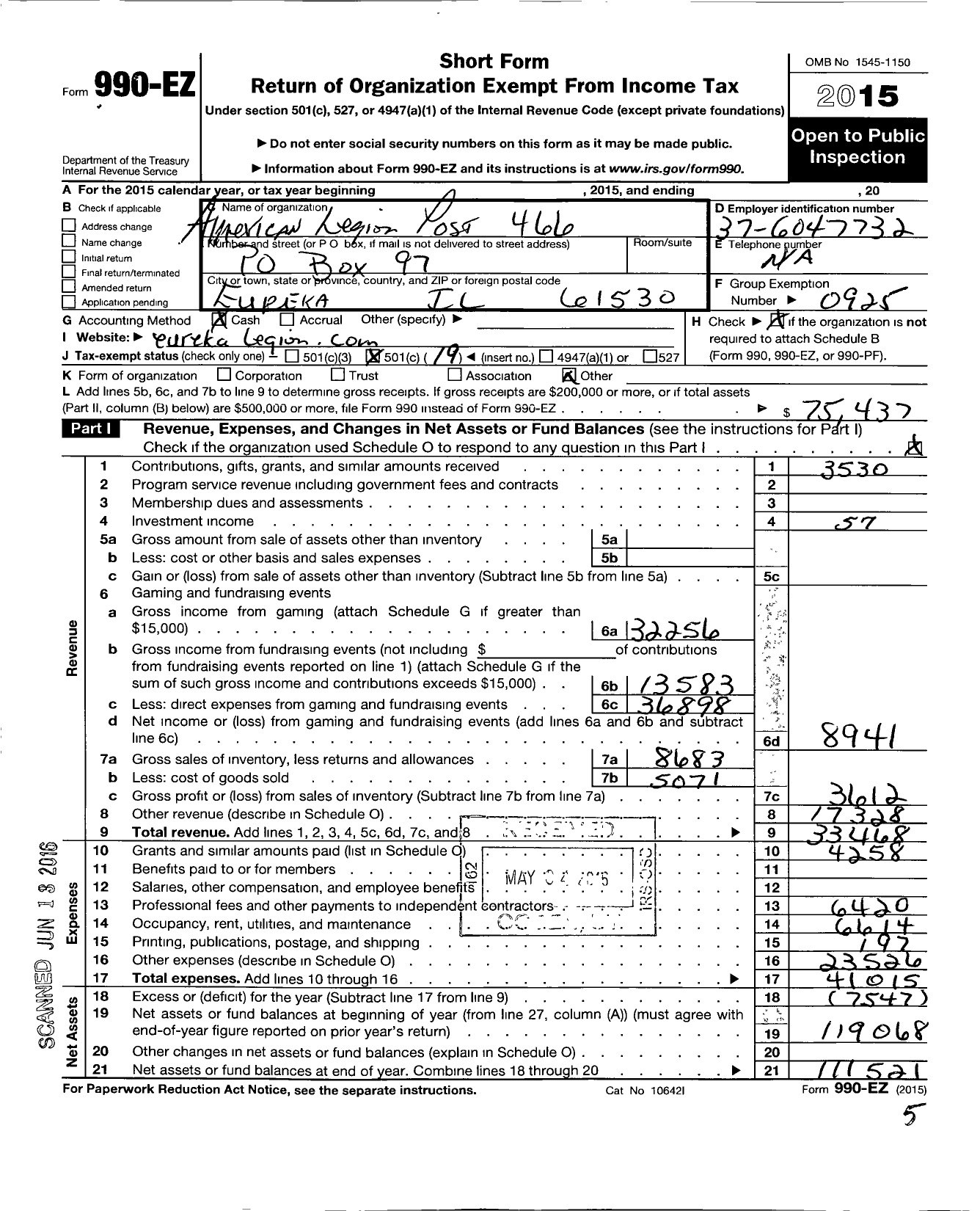 Image of first page of 2015 Form 990EO for American Legion - 0466 Eureka