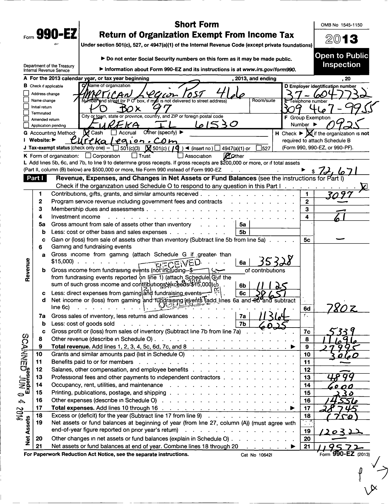 Image of first page of 2013 Form 990EO for American Legion - 0466 Eureka