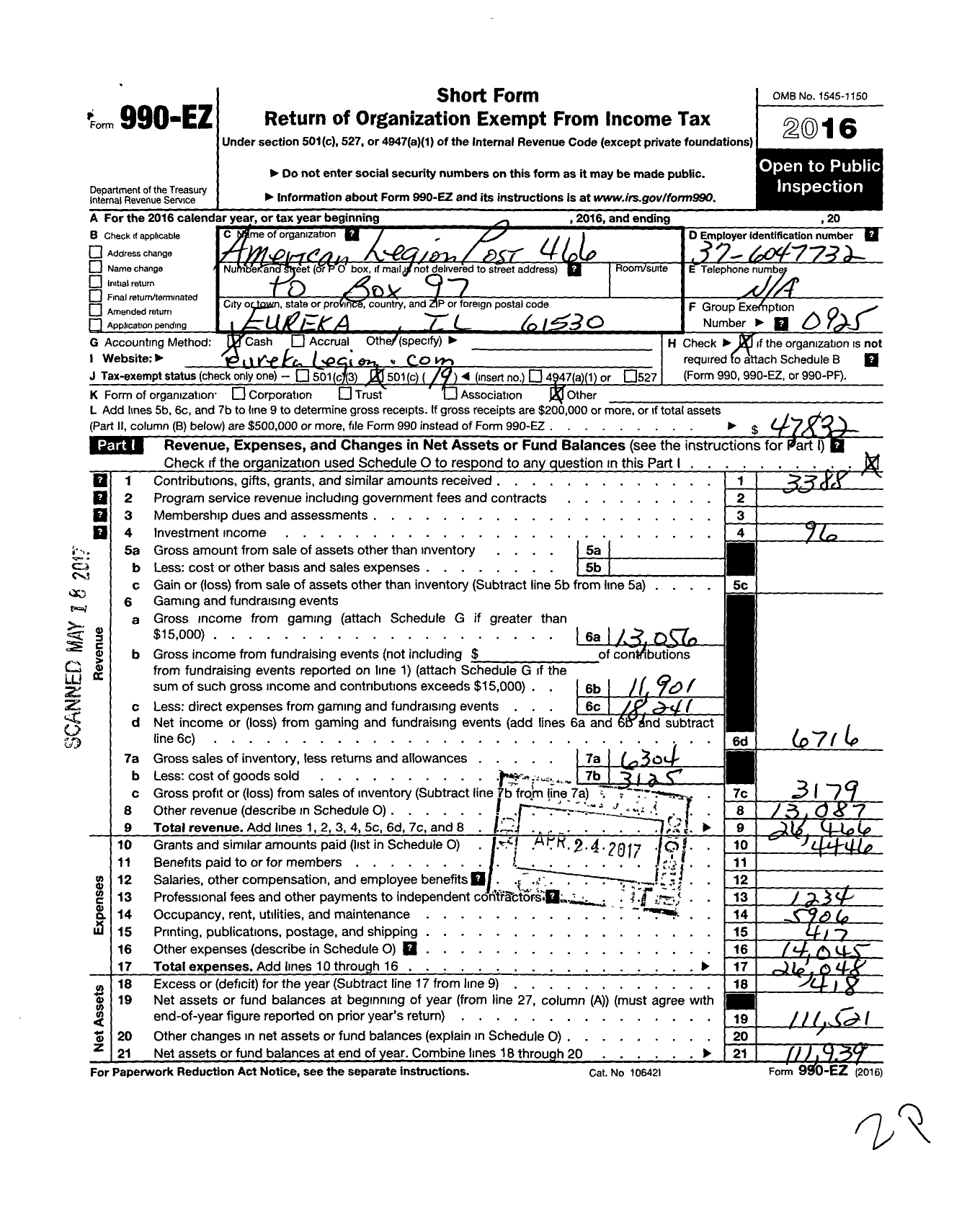 Image of first page of 2016 Form 990EO for American Legion - 0466 Eureka