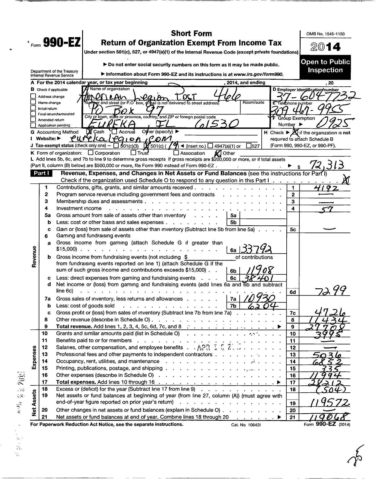 Image of first page of 2014 Form 990EO for American Legion - 0466 Eureka