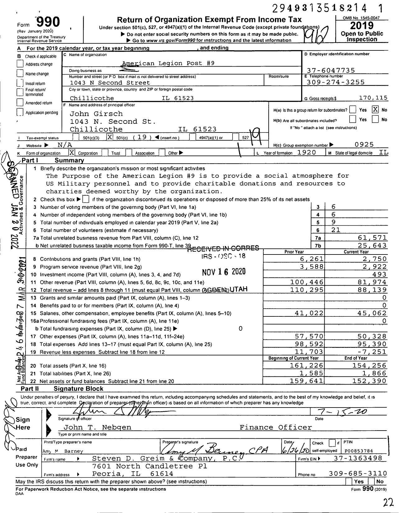 Image of first page of 2019 Form 990O for American Legion - 0009 Chillicothe
