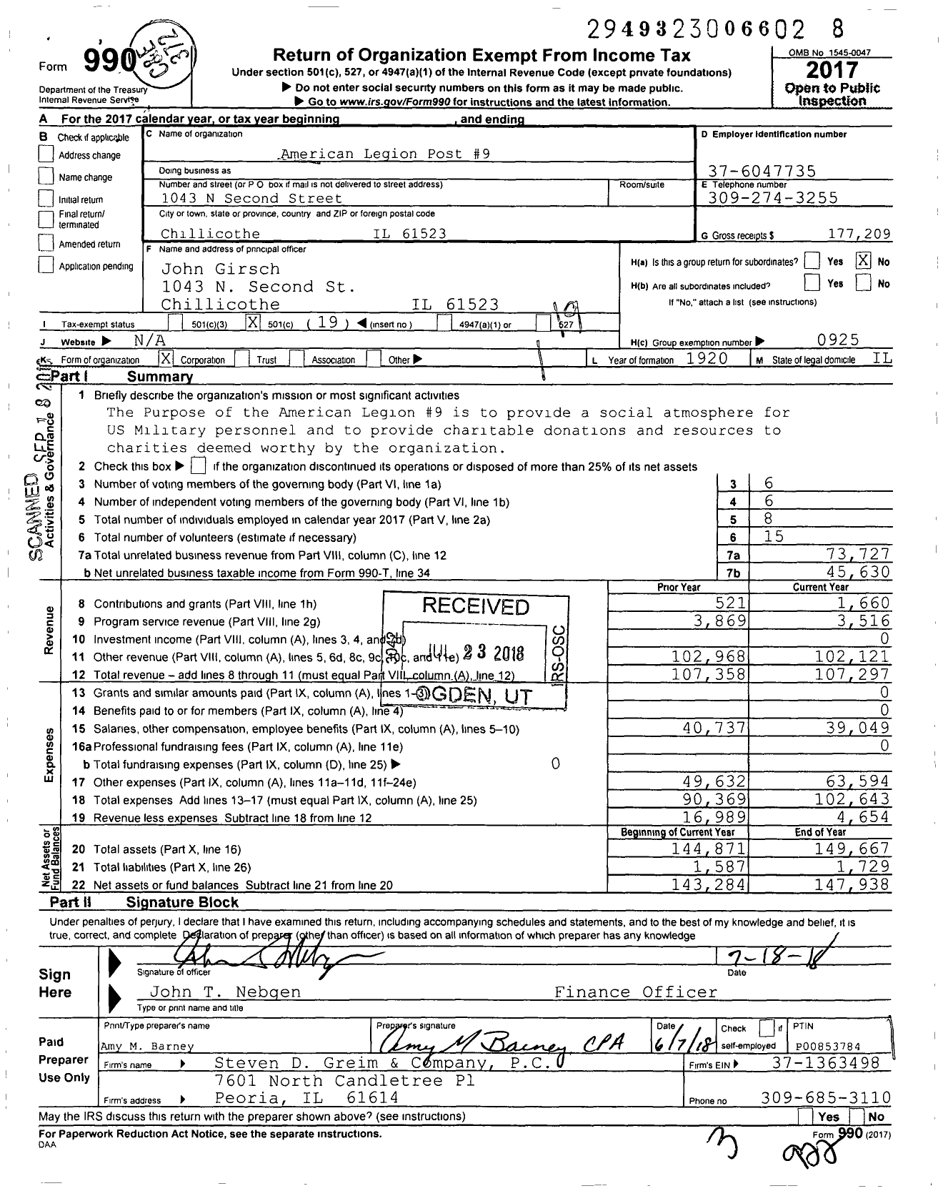 Image of first page of 2017 Form 990O for American Legion - 0009 Chillicothe