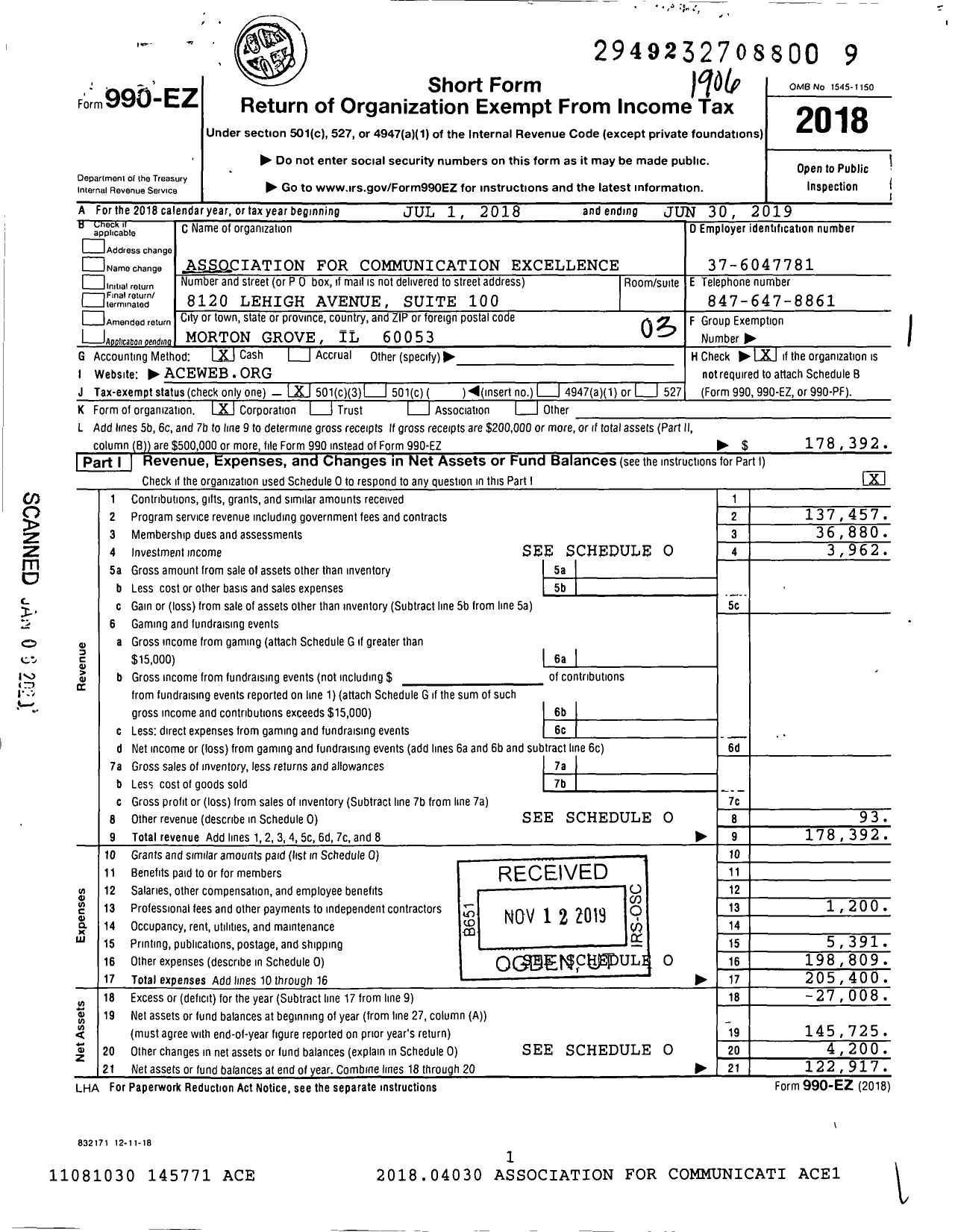 Image of first page of 2018 Form 990EZ for Association for Communication Excellence