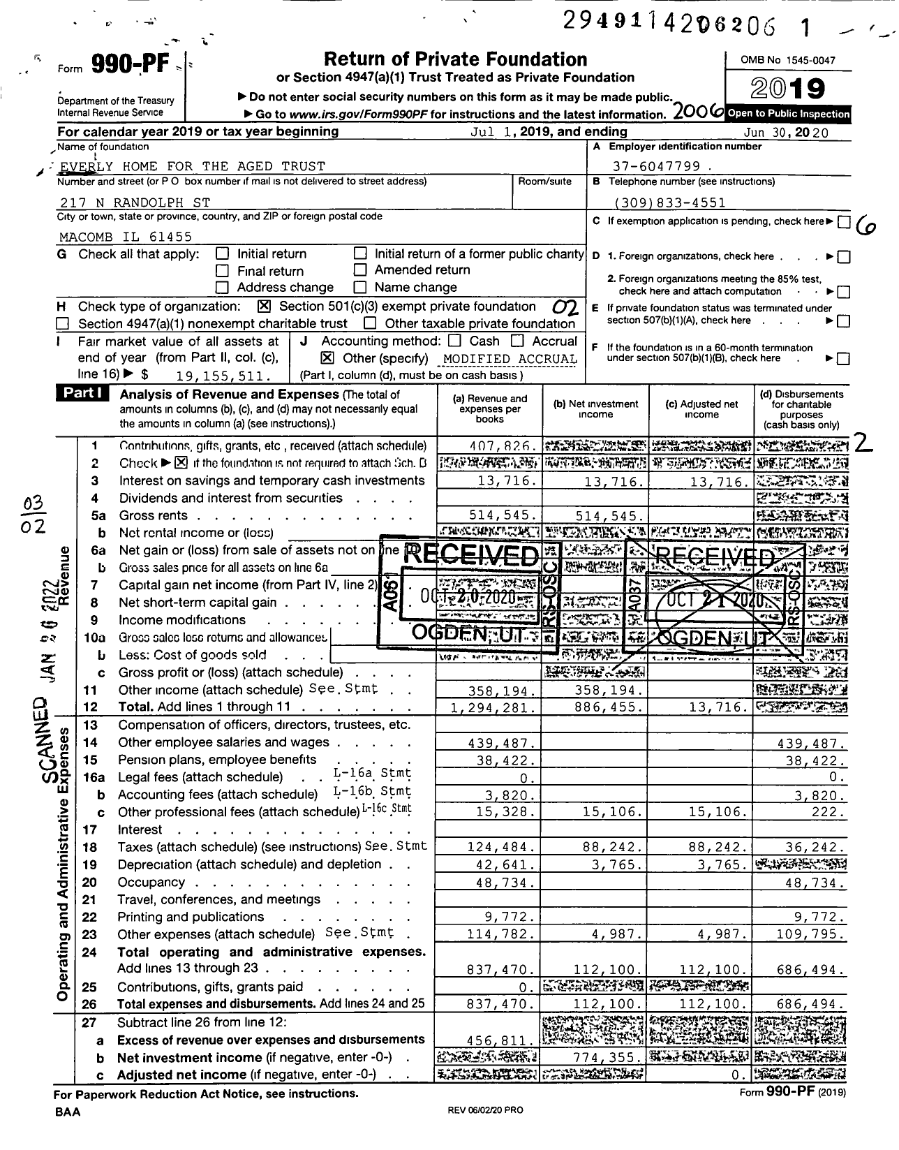 Image of first page of 2019 Form 990PF for Everly Home for the Aged Trust