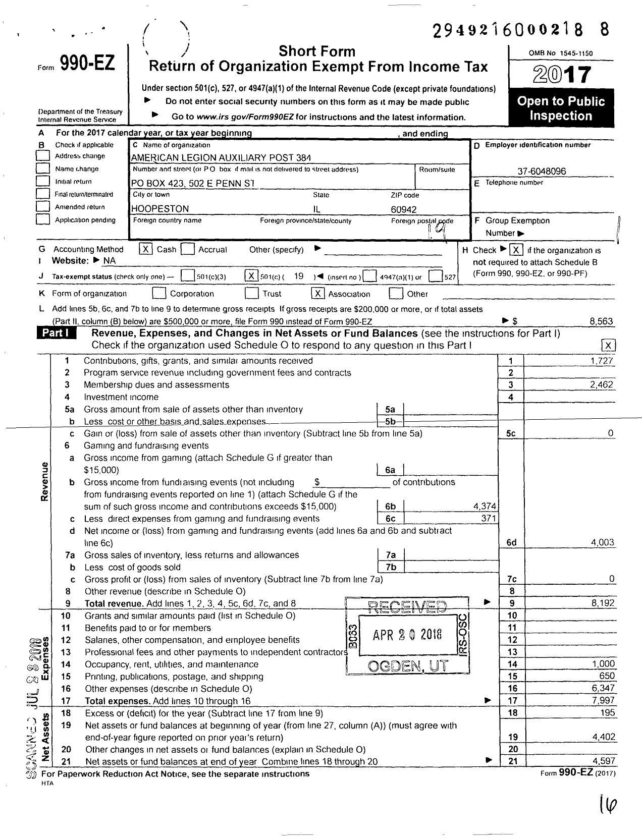 Image of first page of 2017 Form 990EO for American Legion Auxiliary Ira Owen Kraeger 384 Department of Il