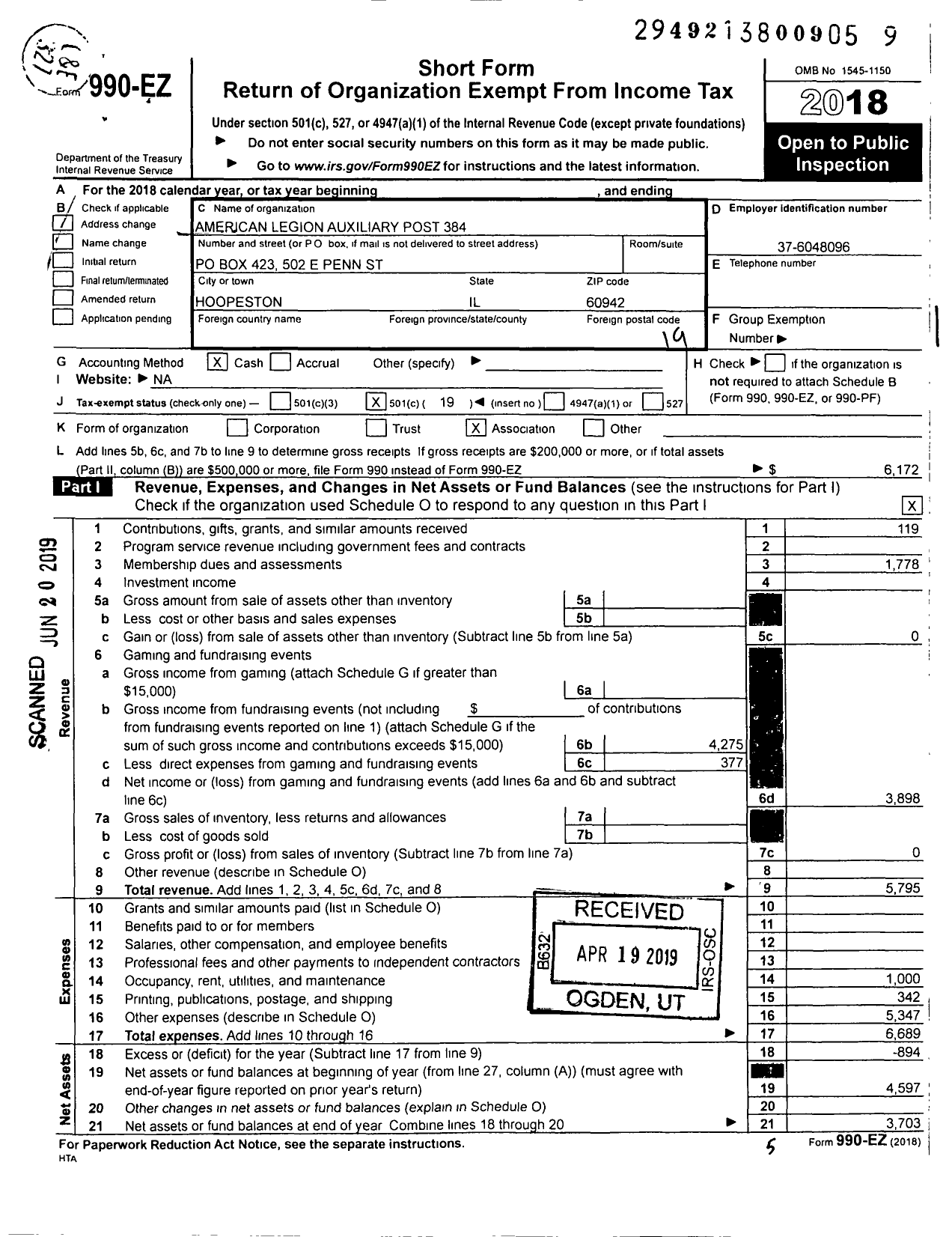 Image of first page of 2018 Form 990EO for American Legion Auxiliary Ira Owen Kraeger 384 Department of Il