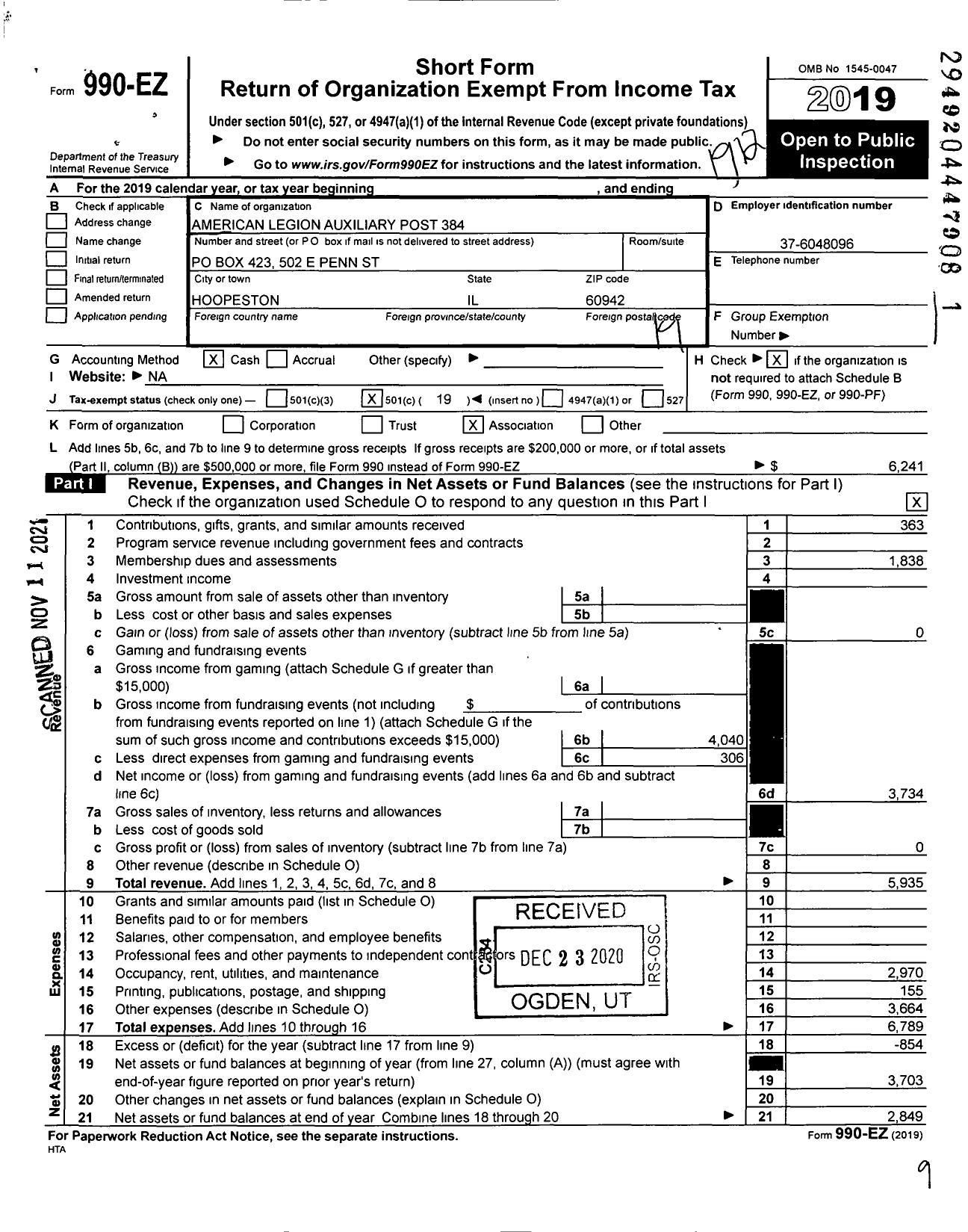 Image of first page of 2019 Form 990EO for American Legion Auxiliary Ira Owen Kraeger 384 Department of Il