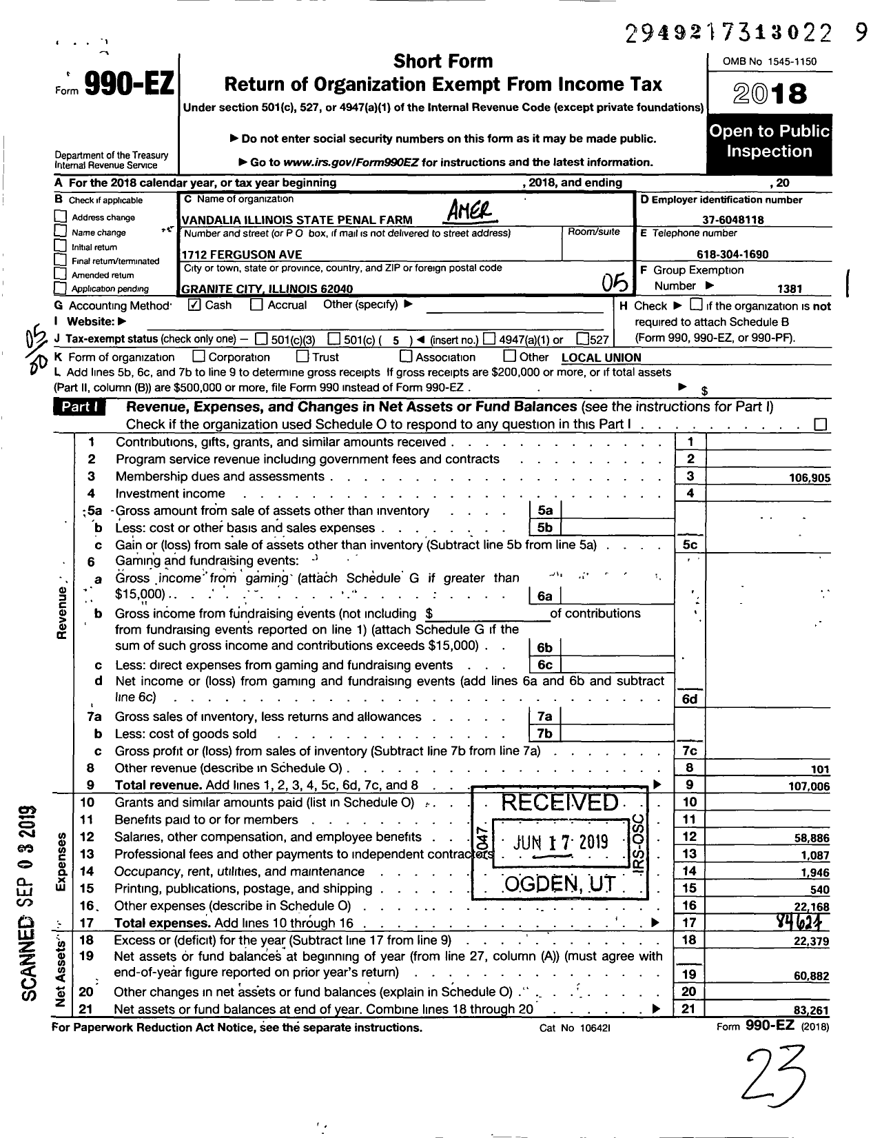 Image of first page of 2018 Form 990EO for American Federation of State County & Municipal Employees - L0993il Vandalia St Penal Farm Emp