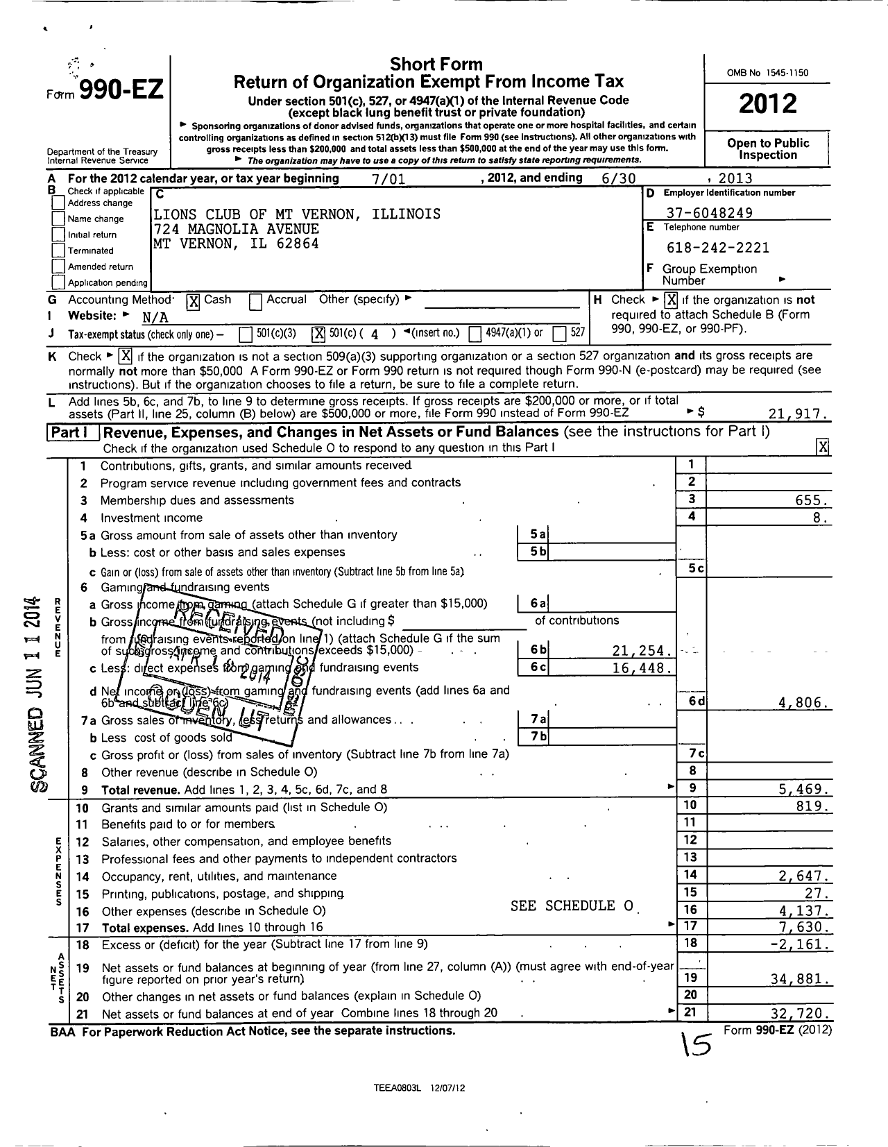 Image of first page of 2012 Form 990EO for Lions Clubs - 196 Mount Vernon