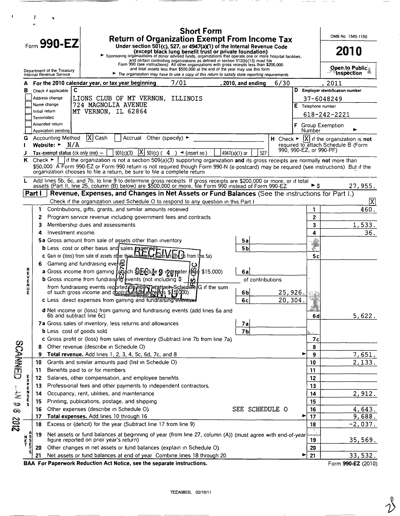 Image of first page of 2010 Form 990EO for Lions Clubs - 196 Mount Vernon