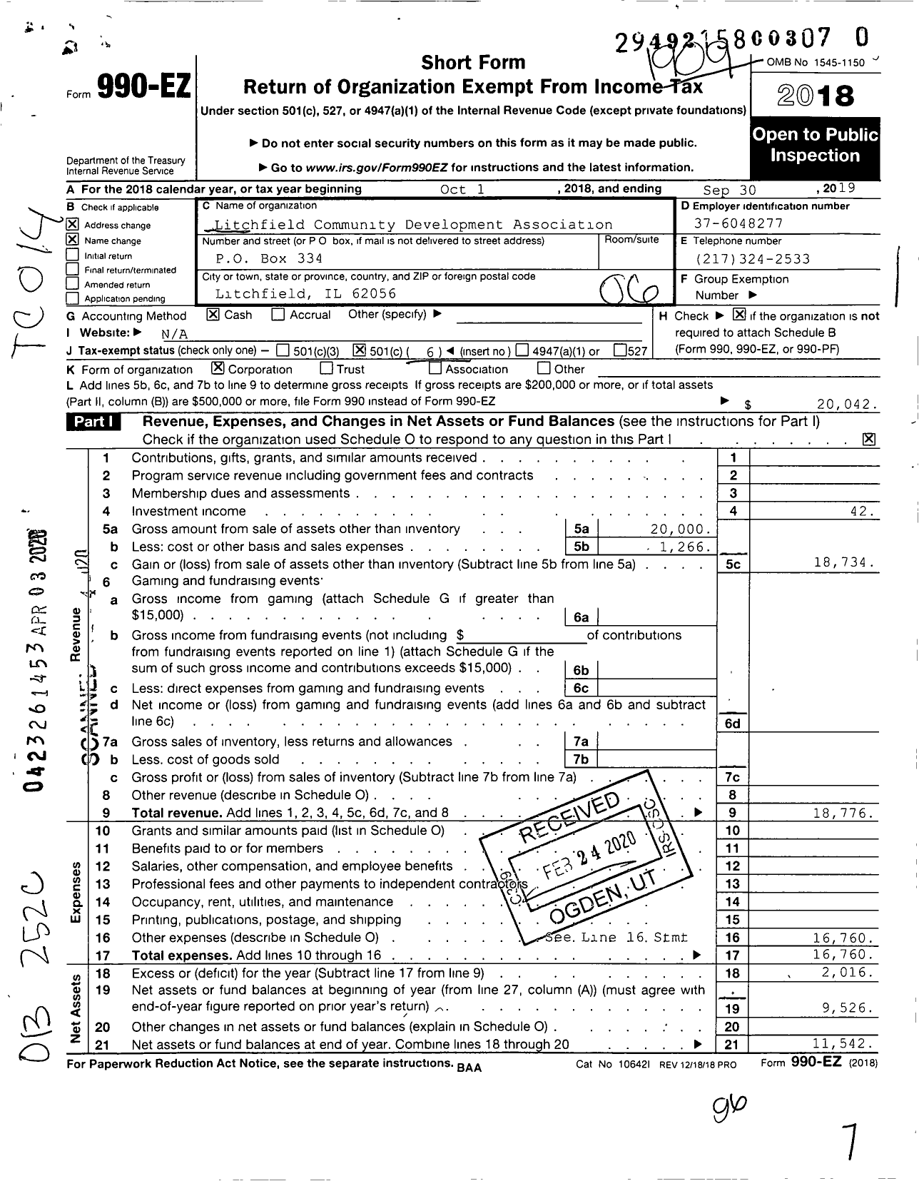 Image of first page of 2018 Form 990EO for Litchfield Community Development Association