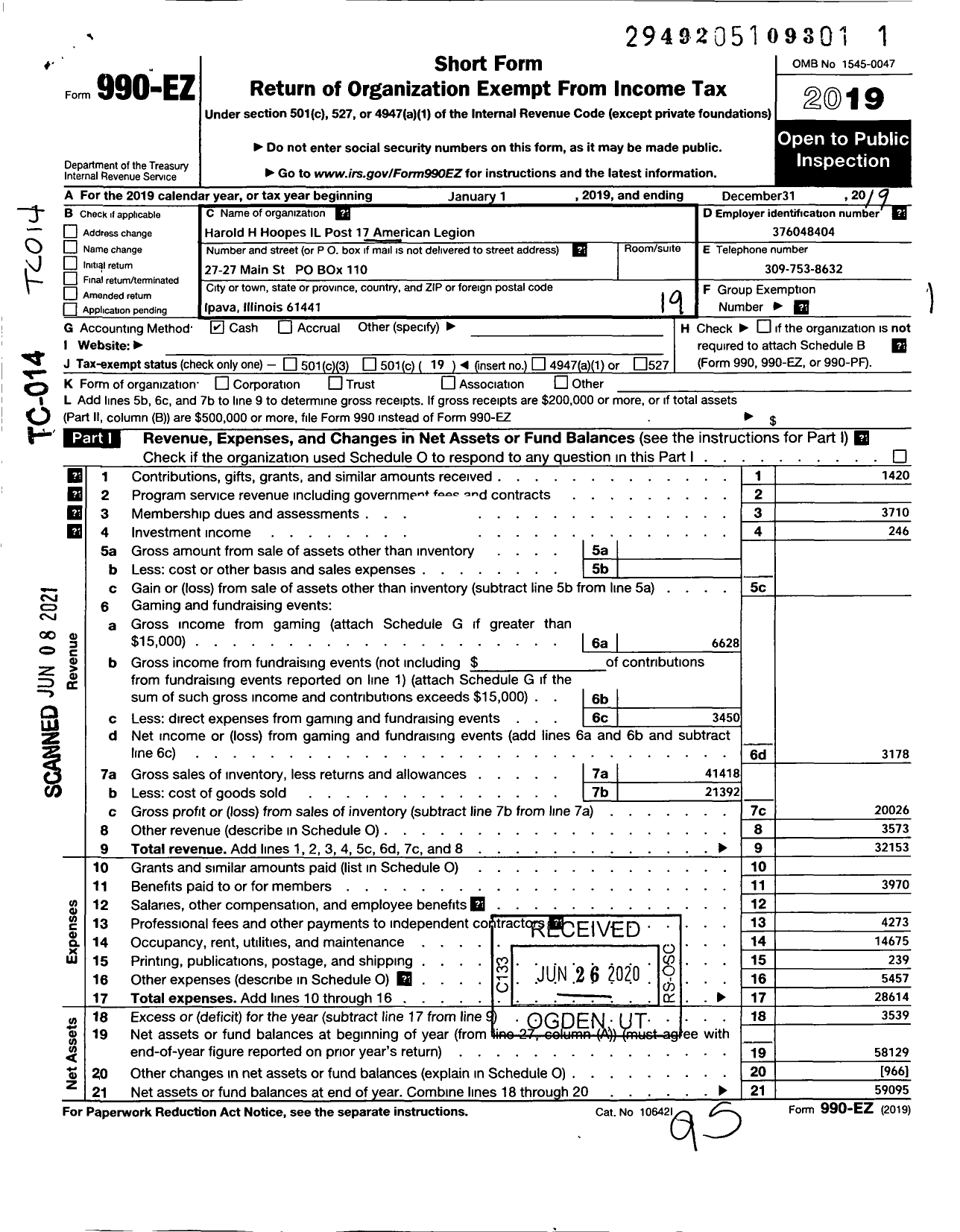 Image of first page of 2019 Form 990EO for Harold Hoopes Il Post 17 American Legion