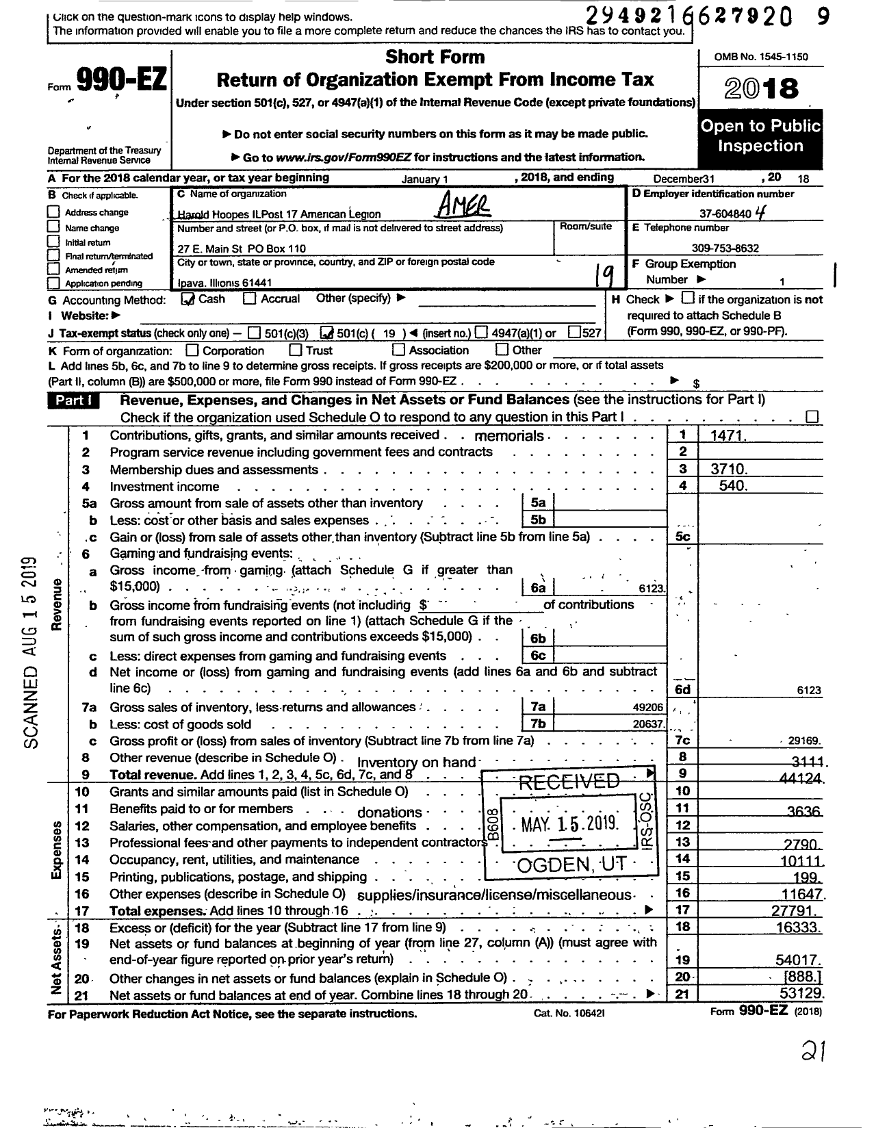 Image of first page of 2018 Form 990EO for Harold Hoopes Il Post 17 American Legion