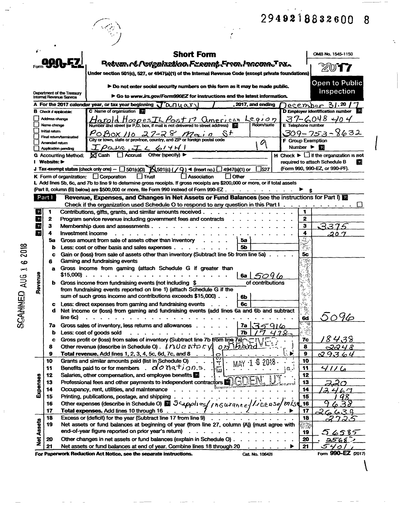 Image of first page of 2017 Form 990EO for Harold Hoopes Il Post 17 American Legion