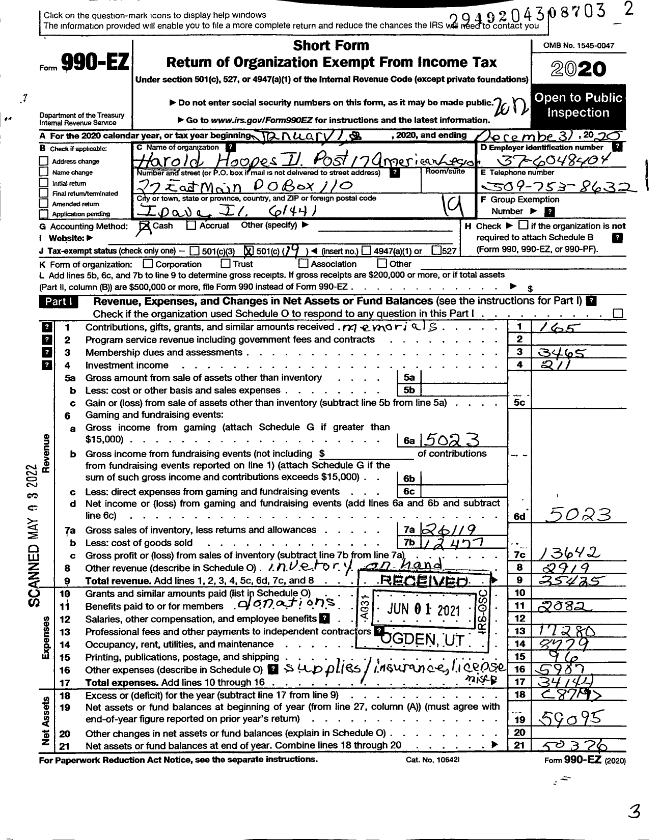 Image of first page of 2020 Form 990EO for Harold Hoopes Il Post 17 American Legion