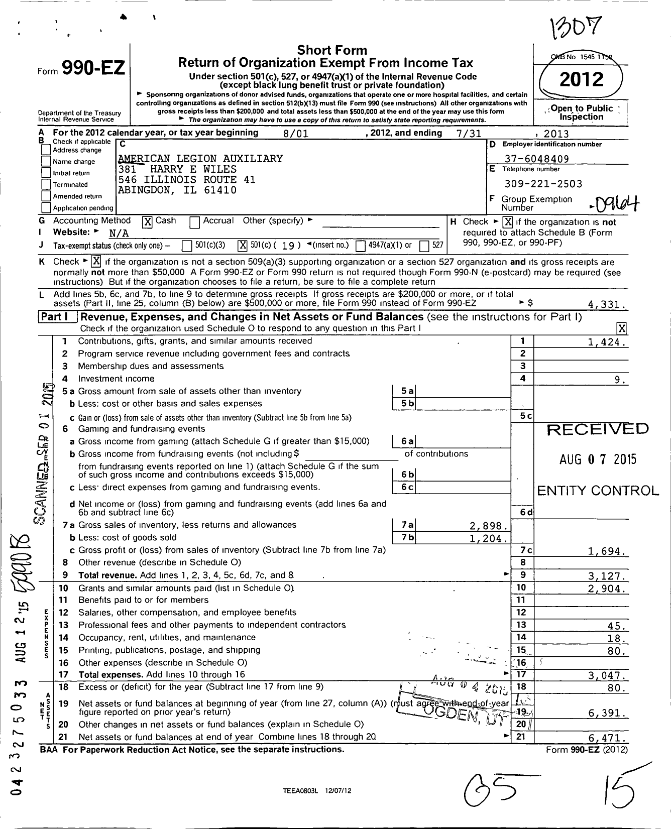 Image of first page of 2012 Form 990EO for American Legion Auxiliary - 381 Harry E Wiles