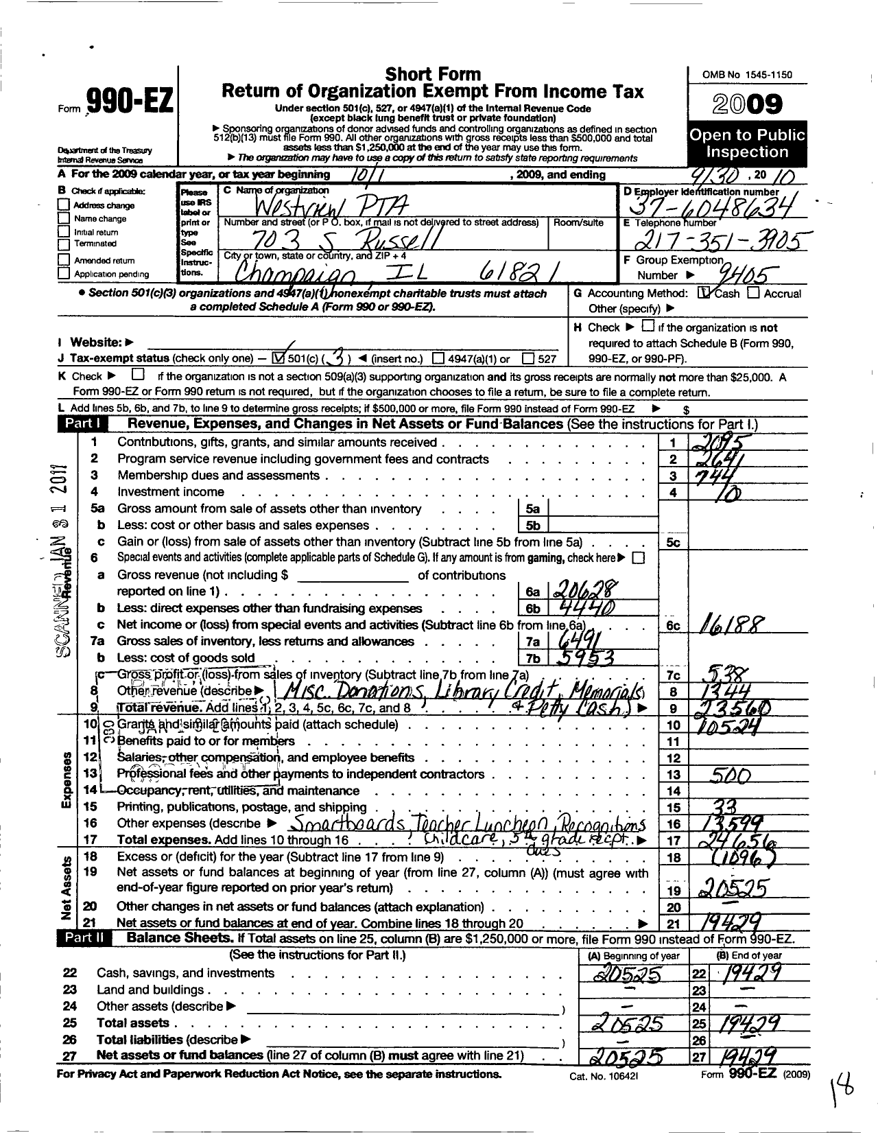 Image of first page of 2009 Form 990EZ for Illinois PTA - Westview PTA