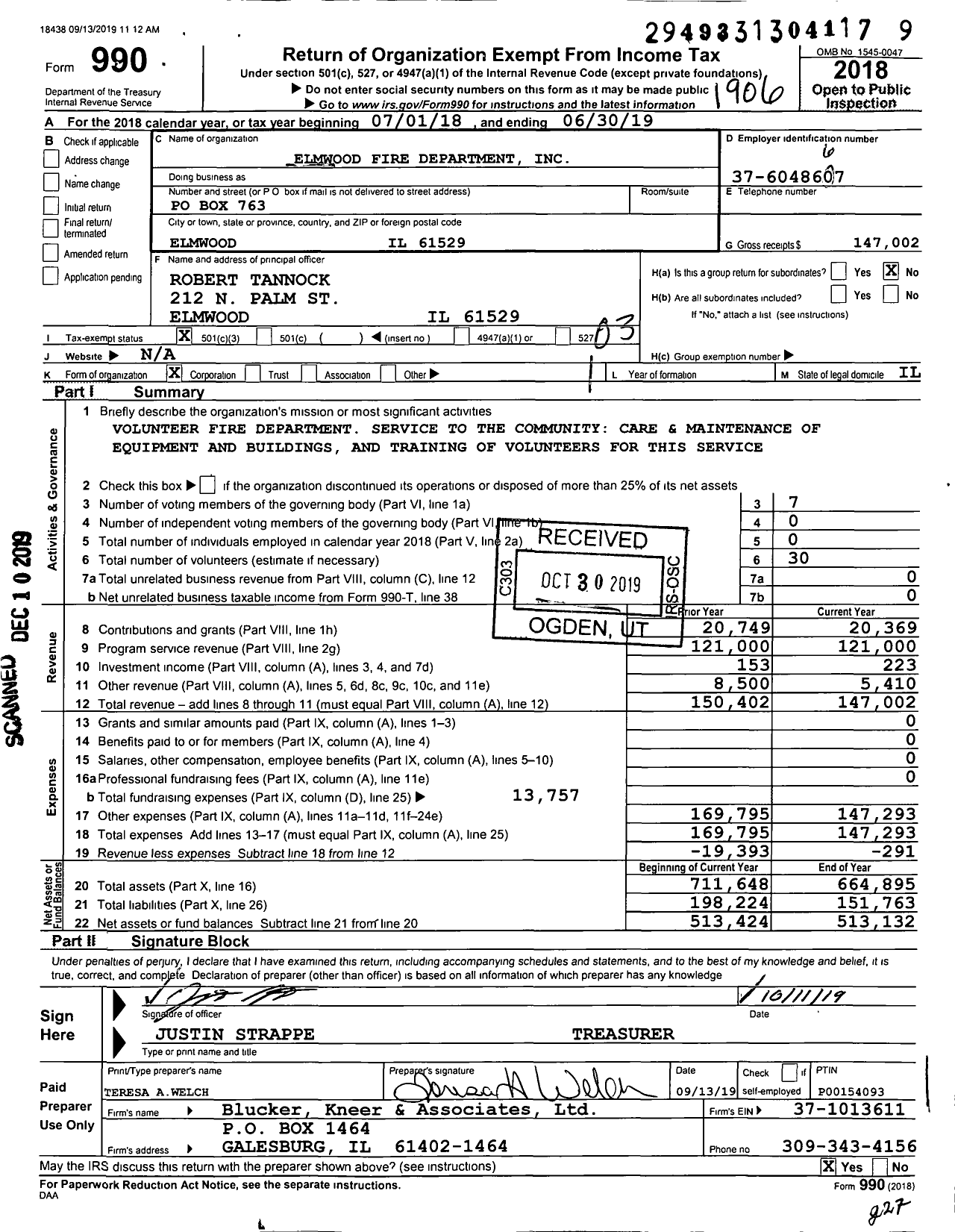 Image of first page of 2018 Form 990 for Elmwood Fire Department