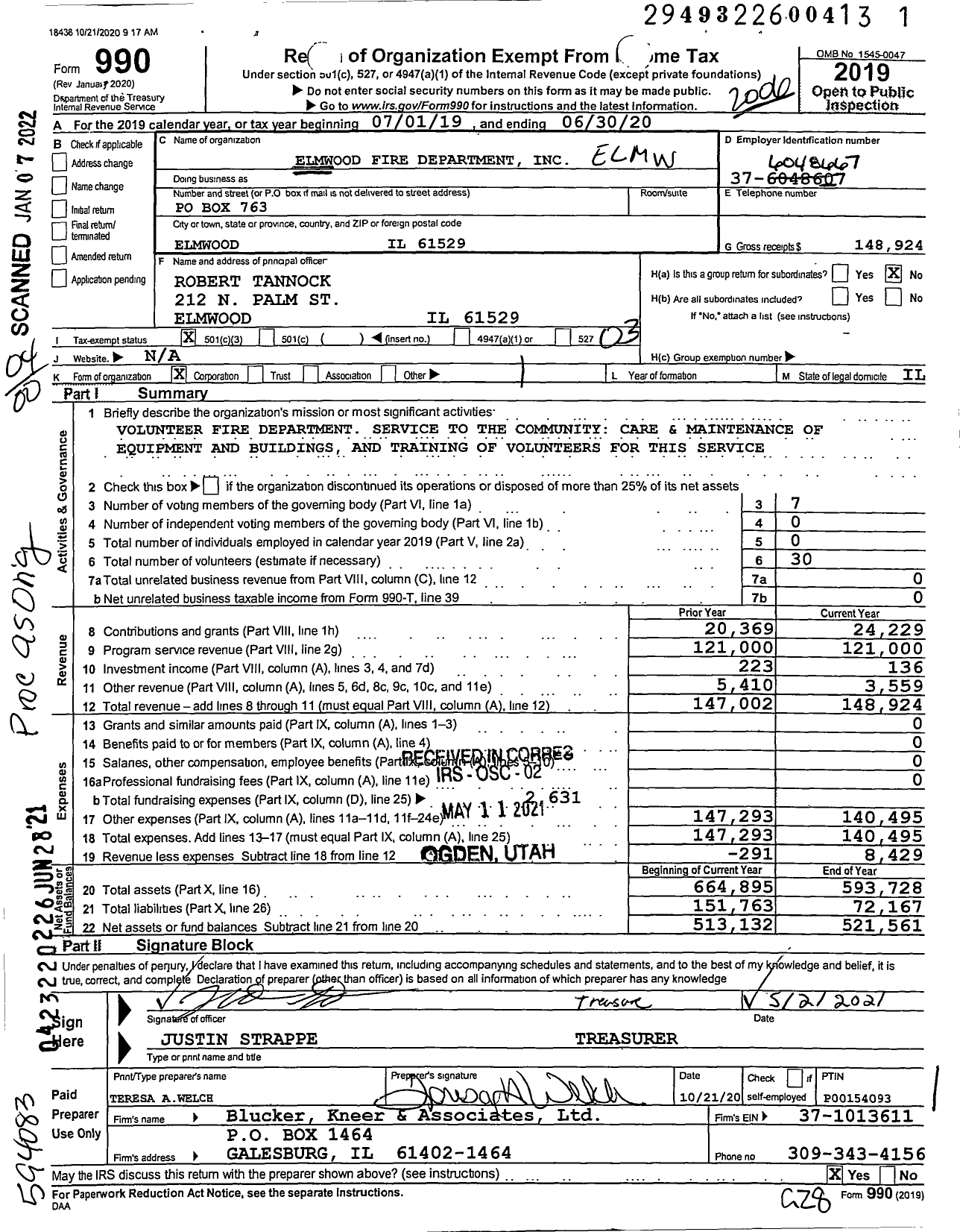 Image of first page of 2019 Form 990O for Elmwood Fire Department