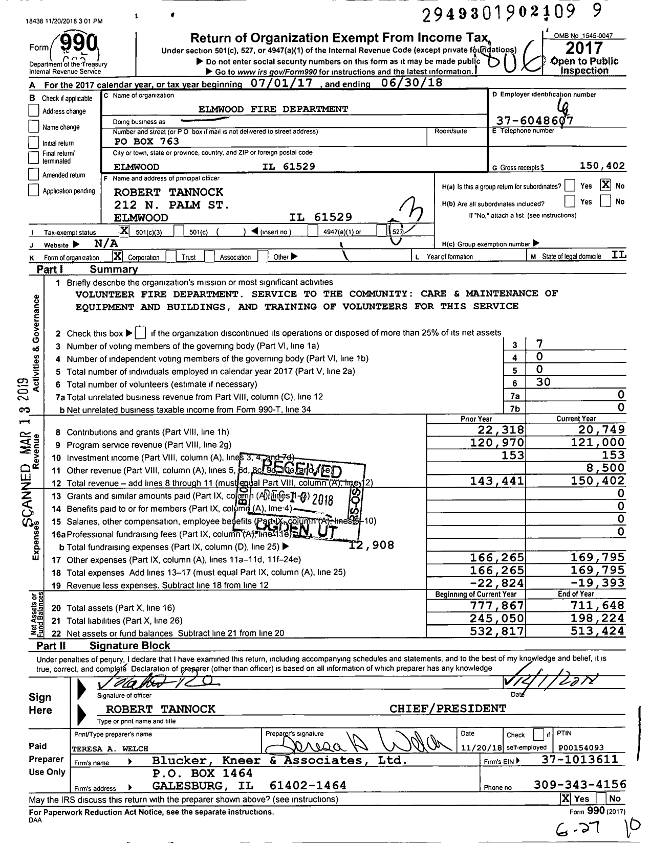 Image of first page of 2017 Form 990 for Elmwood Fire Department