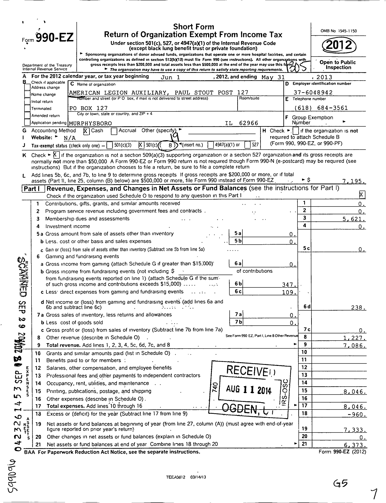 Image of first page of 2012 Form 990EO for American Legion Auxiliary - 127 Paul Stout