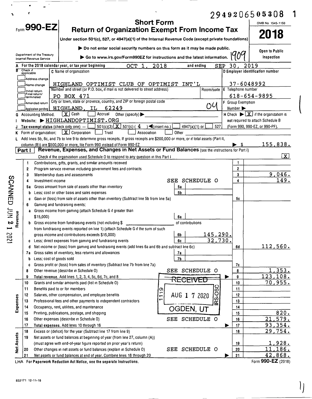 Image of first page of 2018 Form 990EO for Optimist International - 12180 Optimist Club of Highland Il