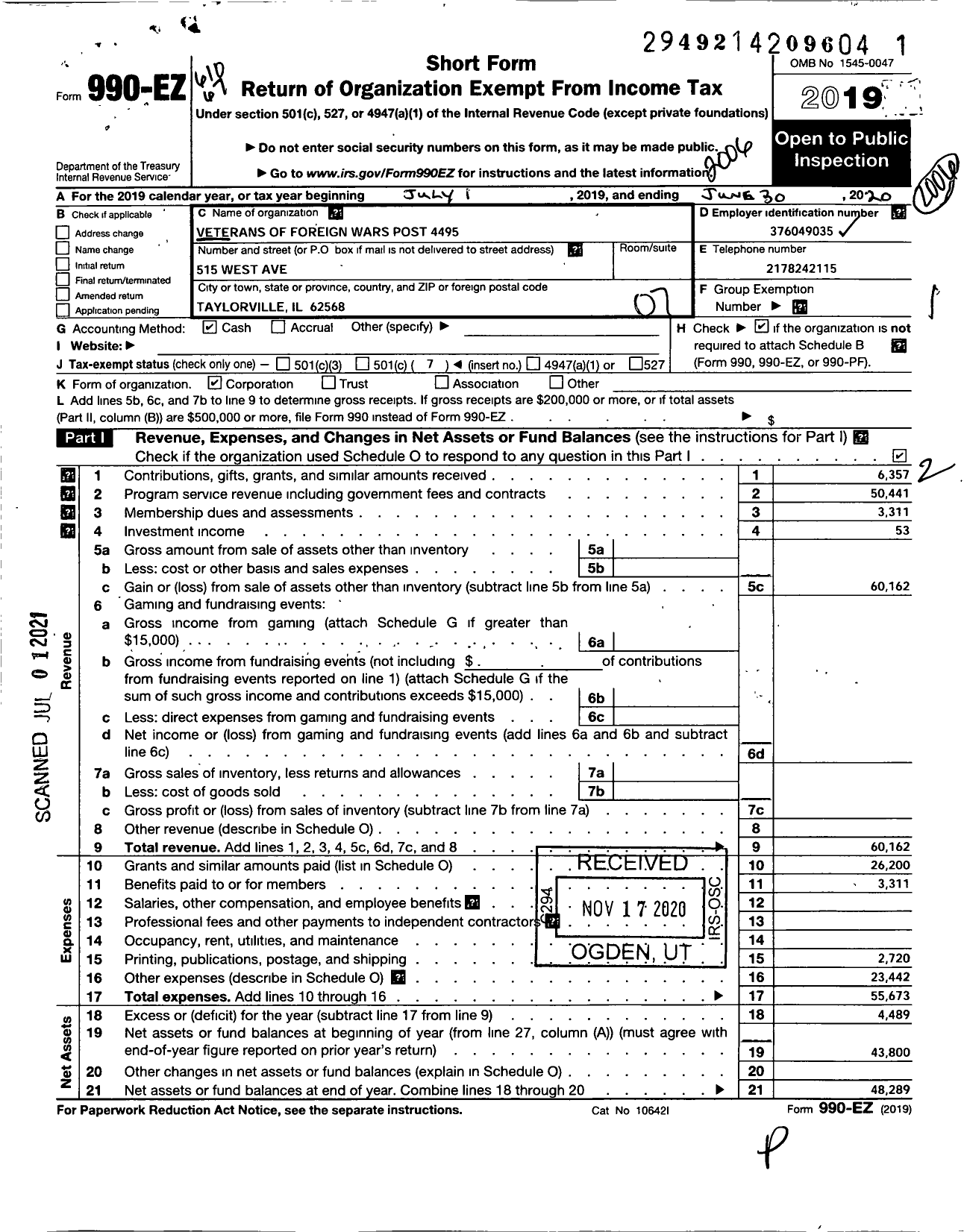 Image of first page of 2019 Form 990EO for VFW Dept of Illinois - 4495 Taylorville Post