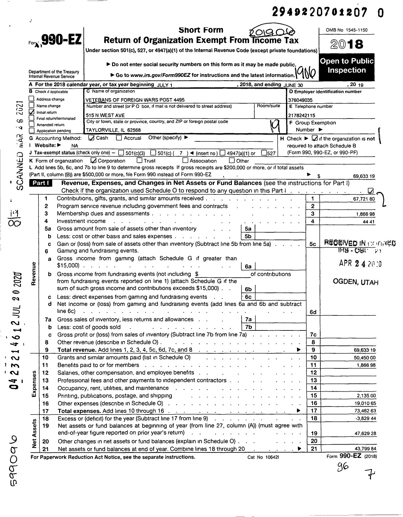 Image of first page of 2018 Form 990EO for VFW Dept of Illinois - 4495 Taylorville Post