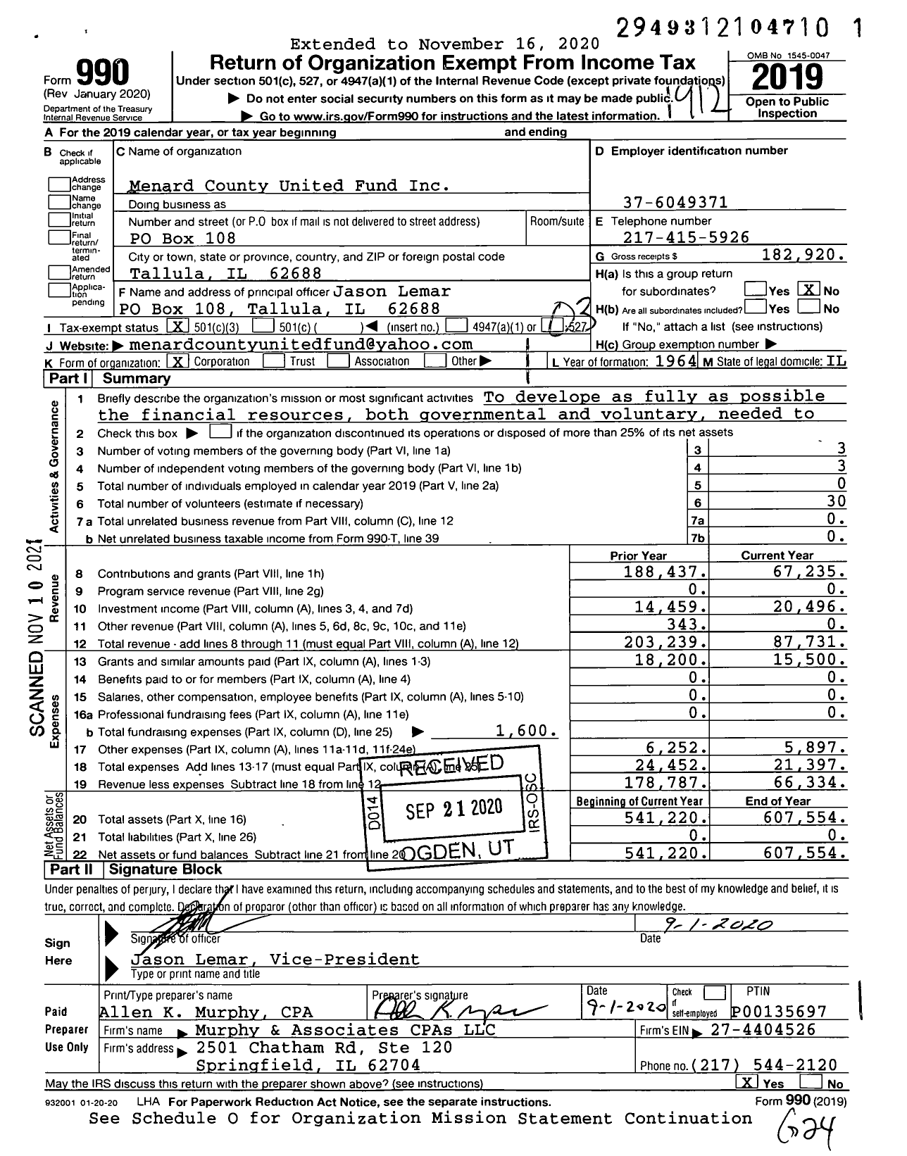 Image of first page of 2019 Form 990 for Menard County United Fund