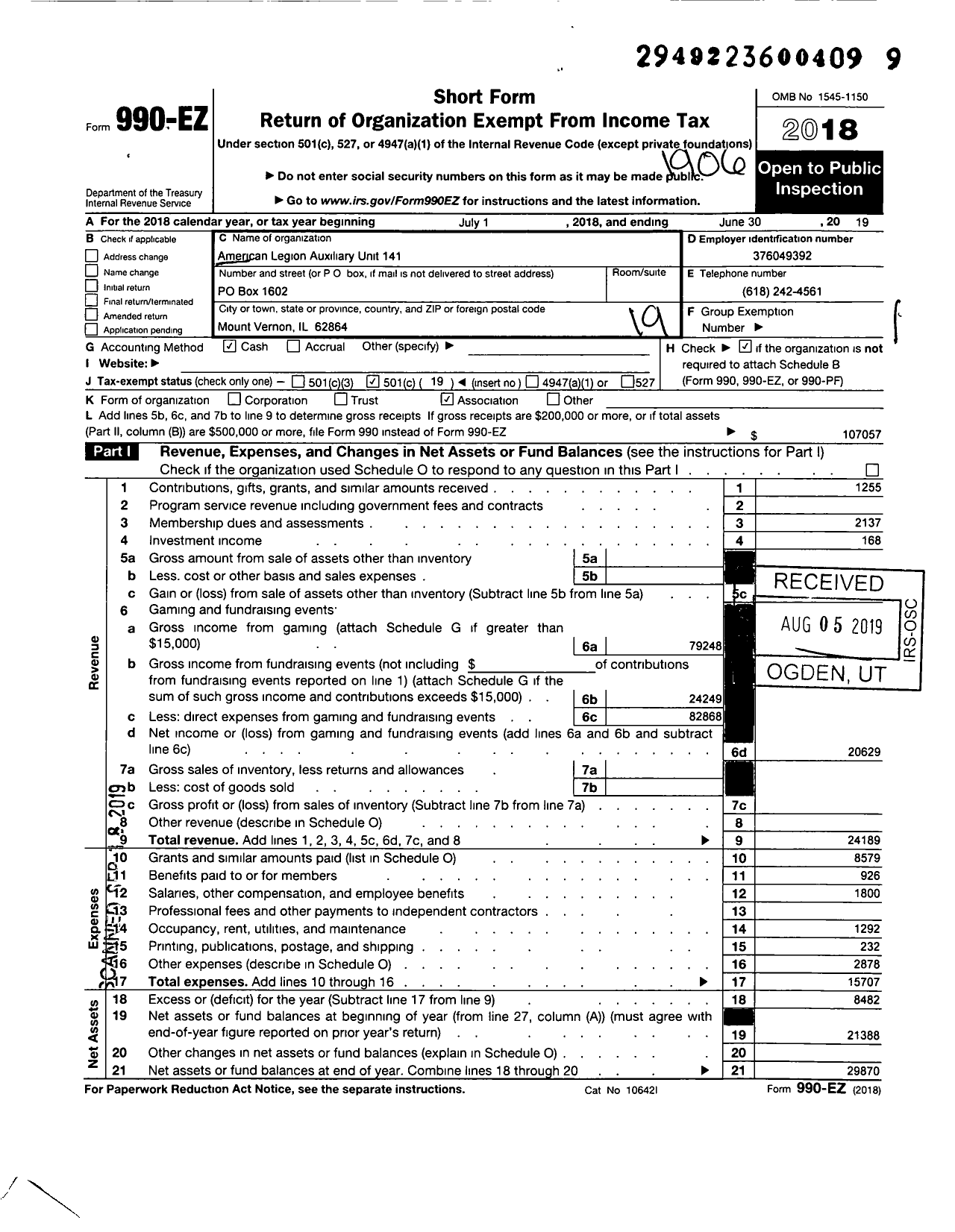 Image of first page of 2018 Form 990EO for American Legion Auxiliary - American Legion Auxiliary Unit 141